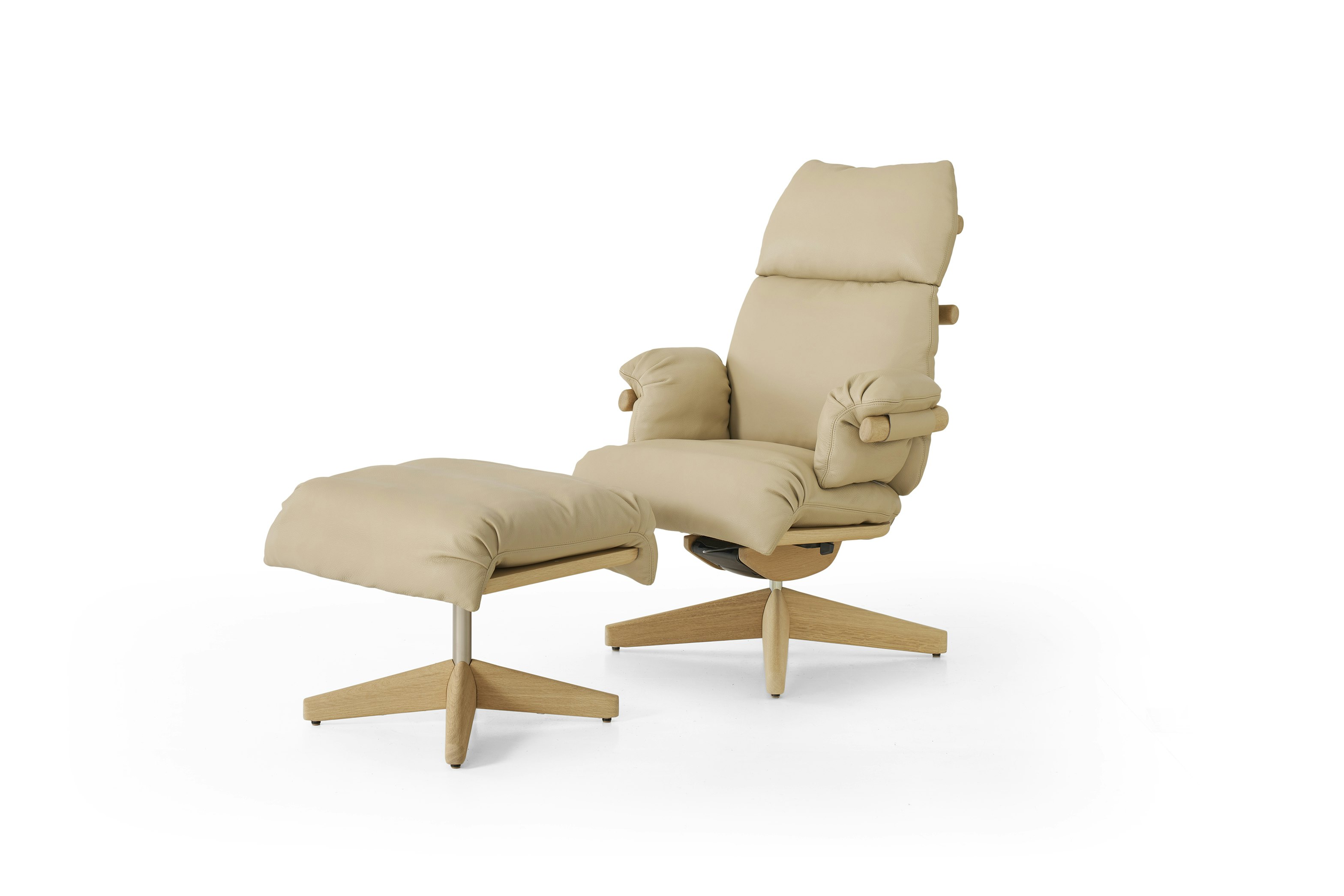 Ramus Lounge Chair & Ottoman - Comfort Leather,  Grey Beige,  Oak,  Satin Nickel