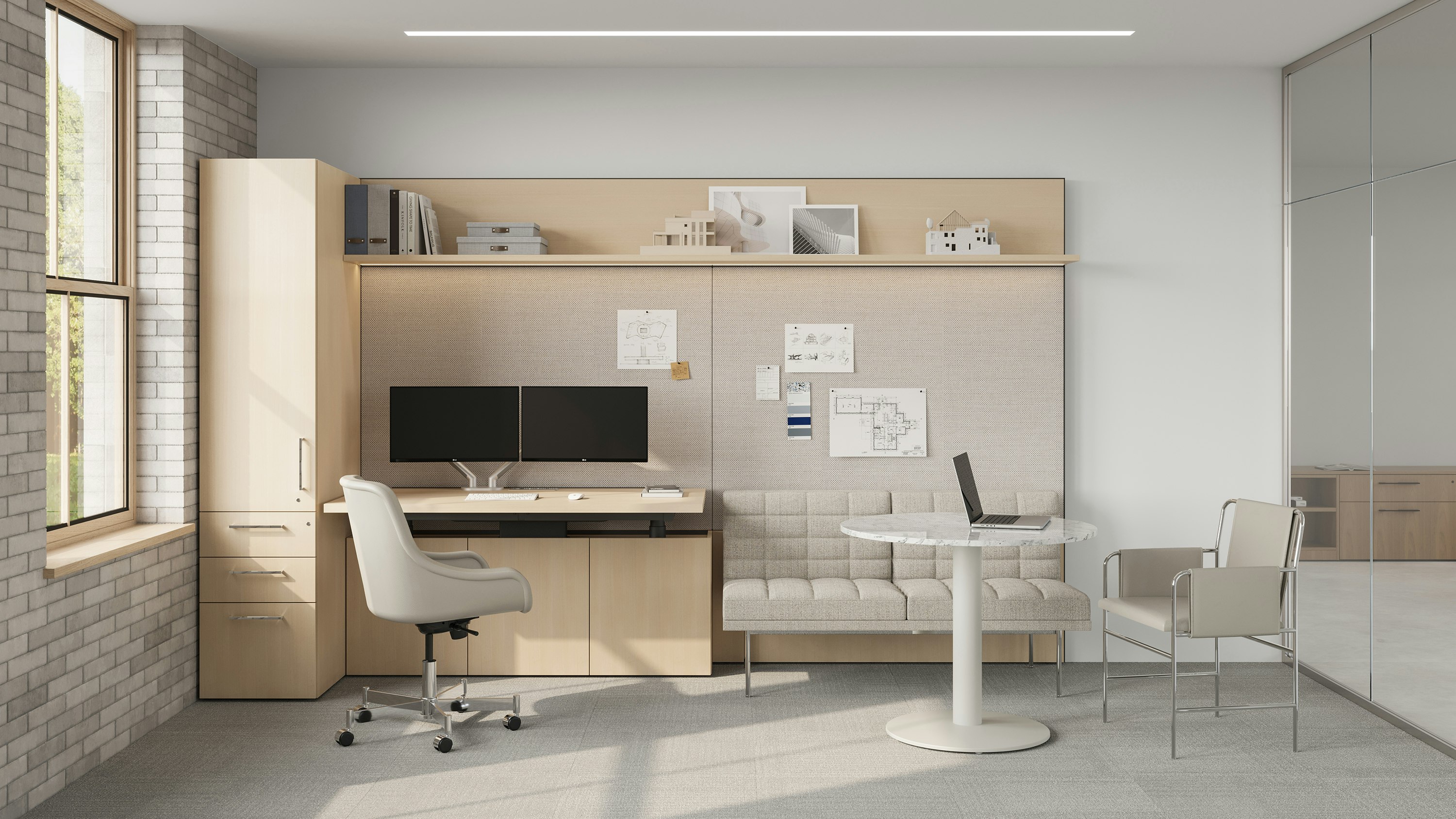 Geiger One Private Office in Clear Ash with Bumper Office Chair and Axon, Tuxedo and Envelope Guest meeting area.