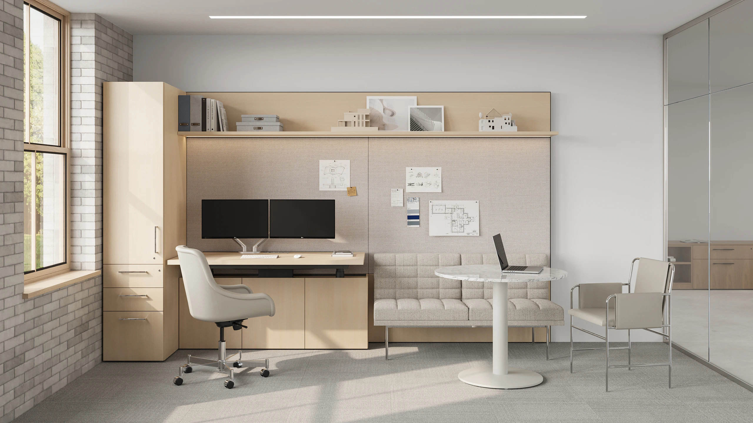 Geiger One Private Office in Clear Ash with Bumper Office Chair and Axon, Tuxedo and Envelope Guest meeting area.
