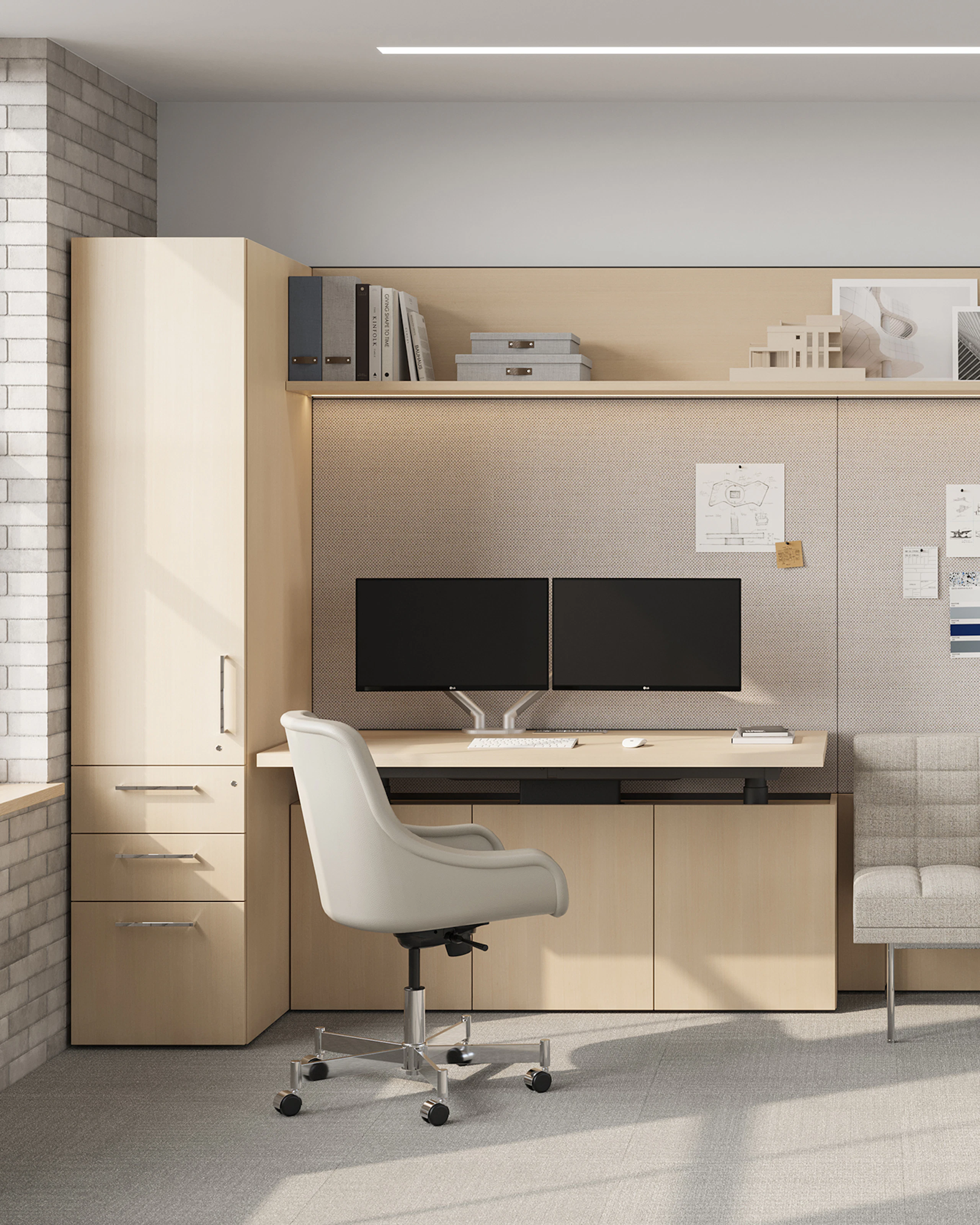 Geiger One Private Office in Clear Ash with Bumper Office Chair and Axon, Tuxedo and Envelope Guest meeting area.