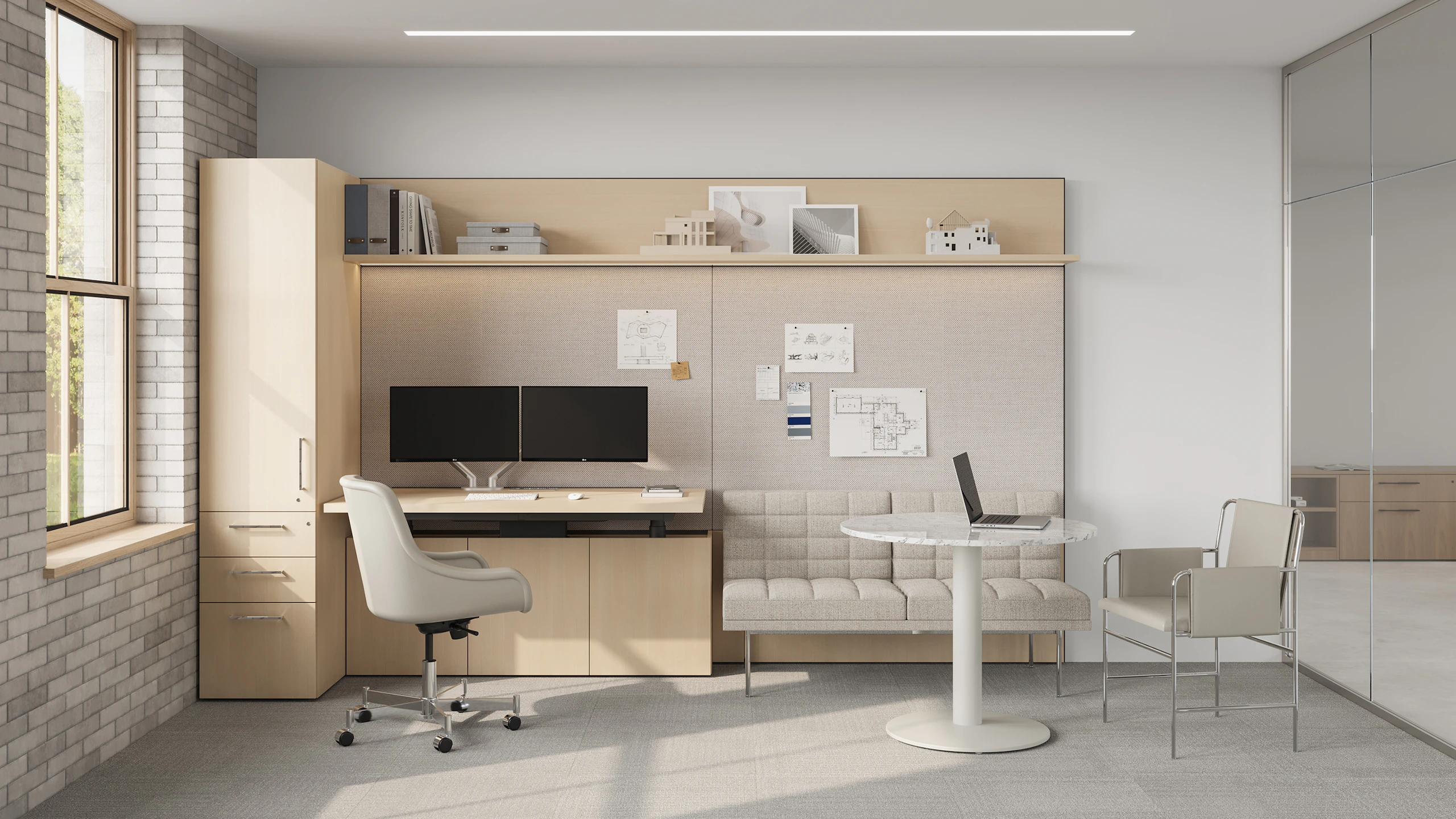 Geiger One Private Office in Clear Ash with Bumper Office Chair and Axon, Tuxedo and Envelope Guest meeting area.