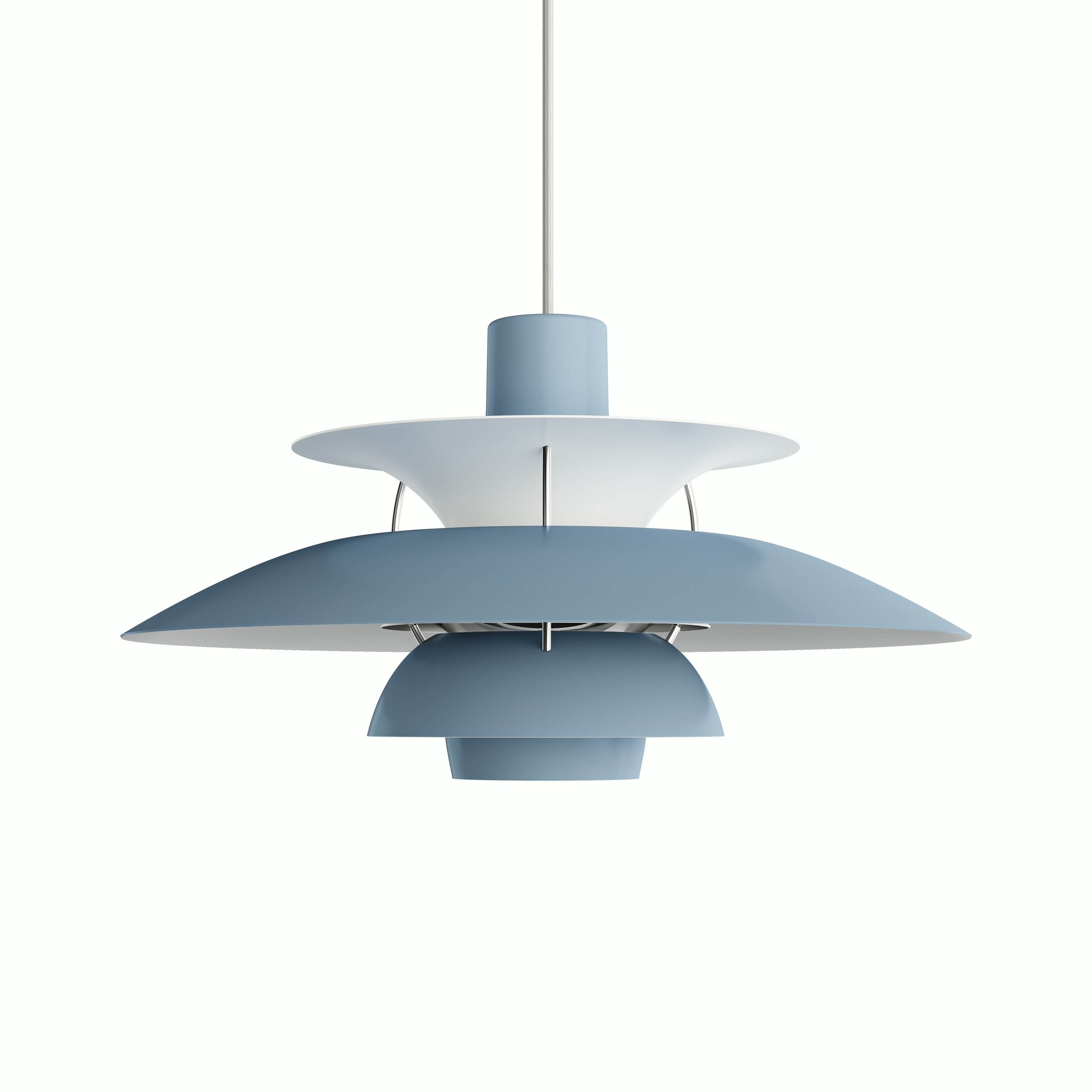 A PH5 Pendant Lamp in Standard, Smokey Blue / Chrome viewed from the front.