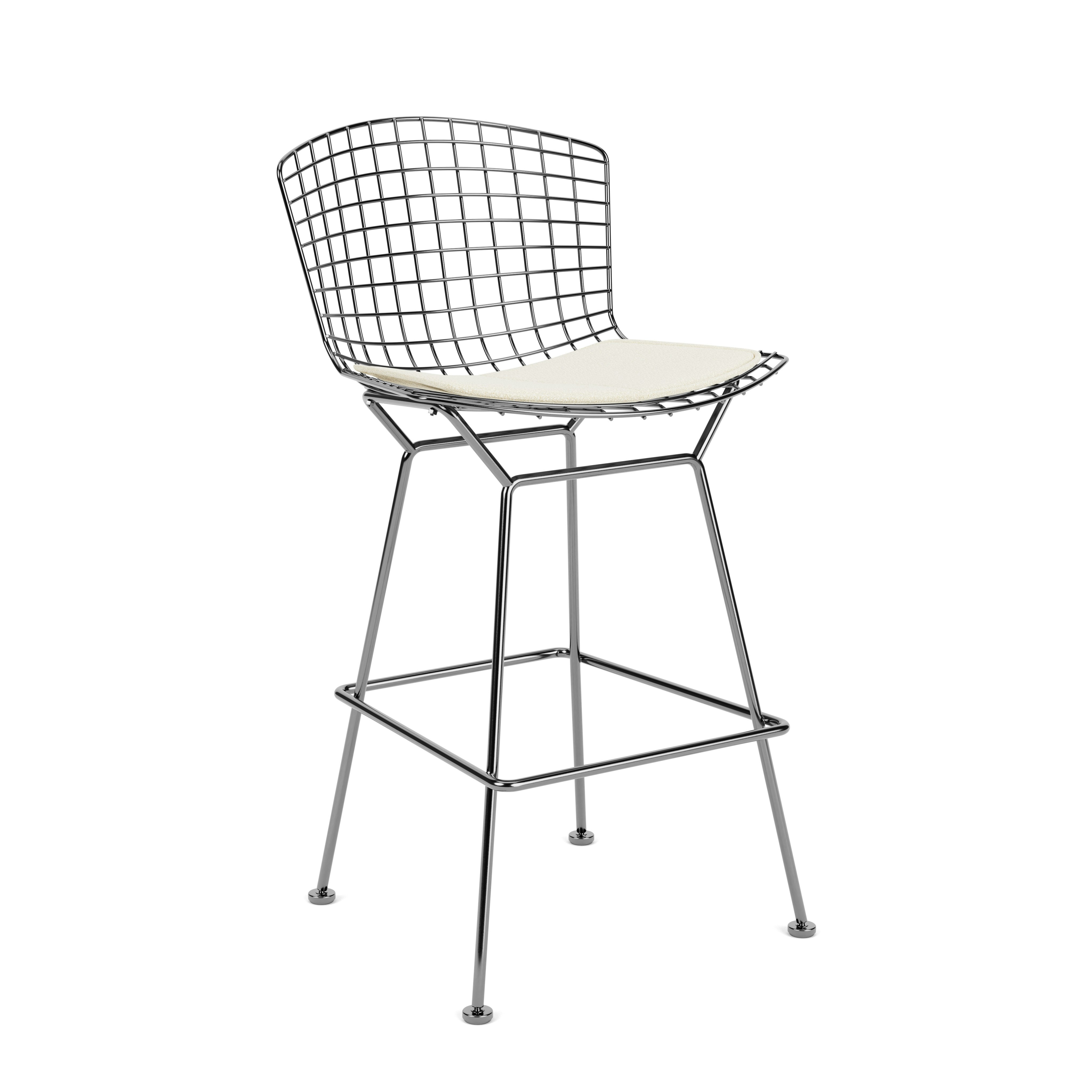 Bertoia Stool - Counter Height, With Seat Pad, Polished Chrome, Classic Boucle, Pearl