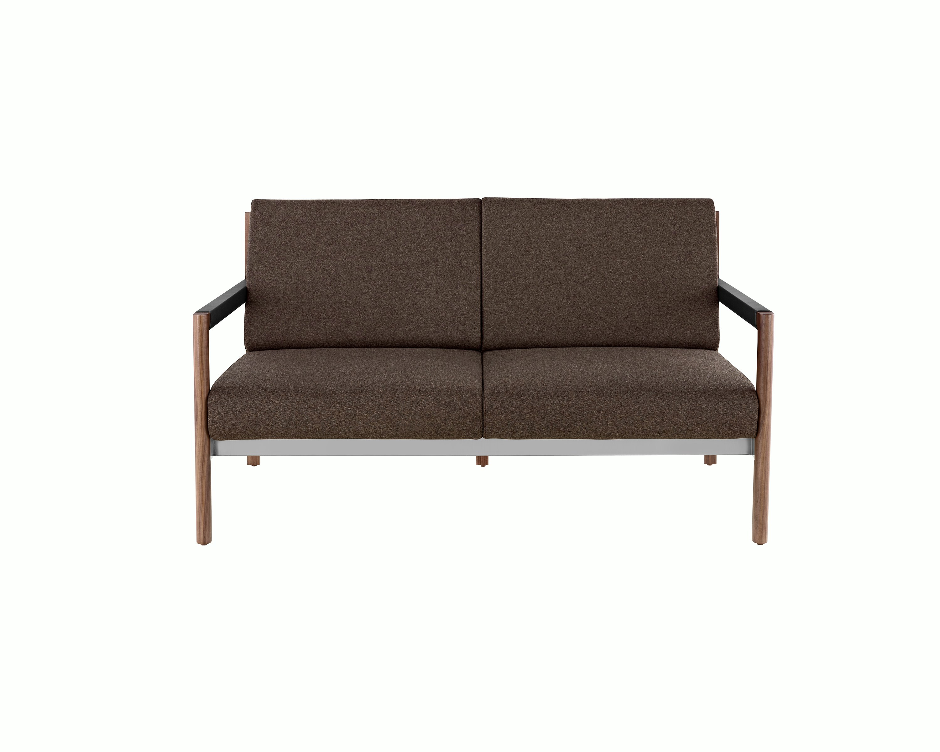 A Brabo Settee with dark upholstery, leather and metal accents, and an exposed wood frame. Viewed from the front.