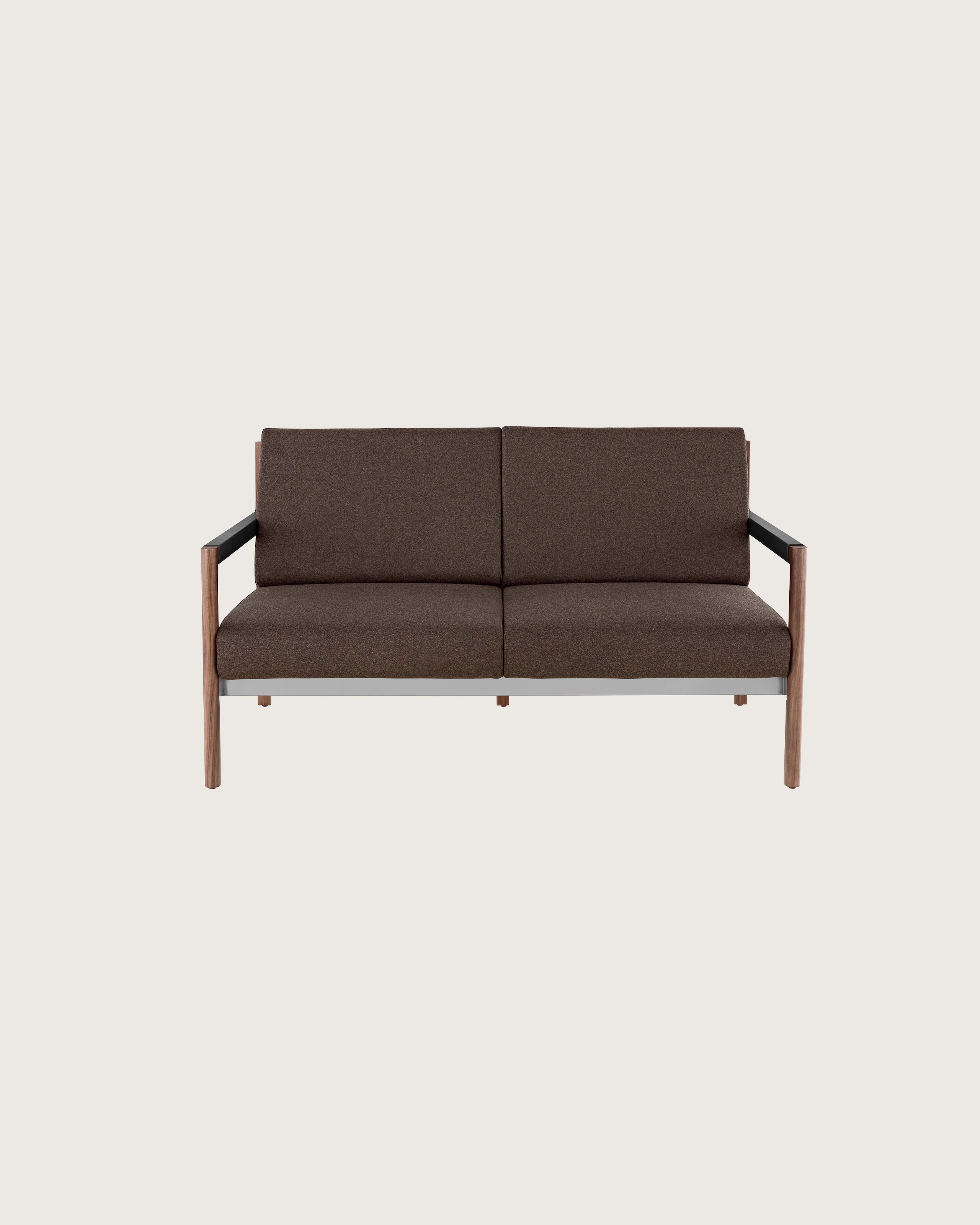 A Brabo Settee with dark upholstery, leather and metal accents, and an exposed wood frame. Viewed from the front.