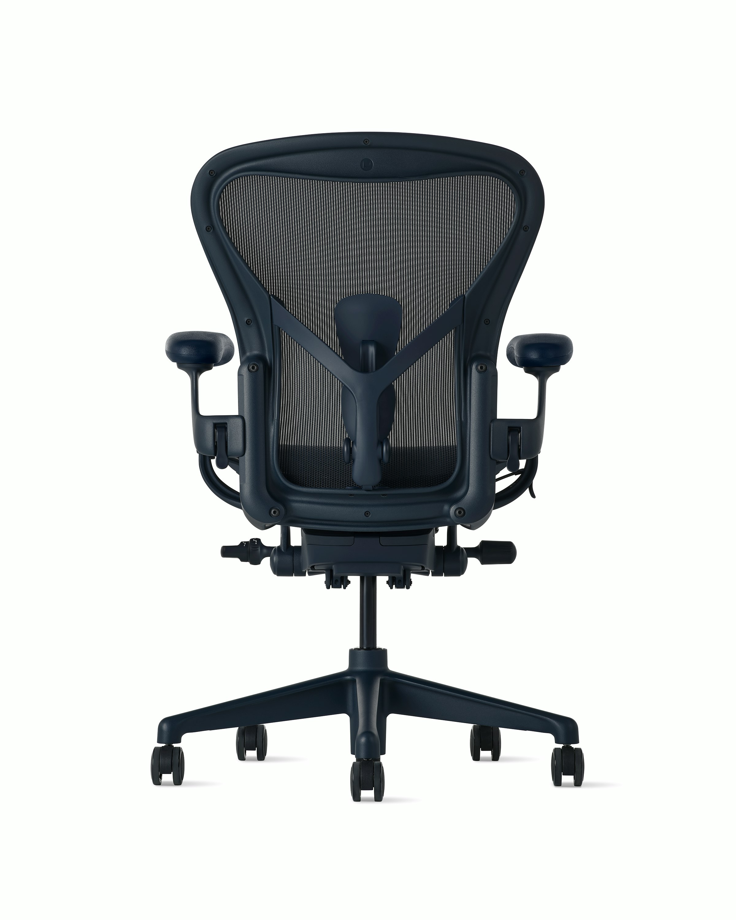 Rear  view of an Aeron chair in navy with PostureFit SL.
