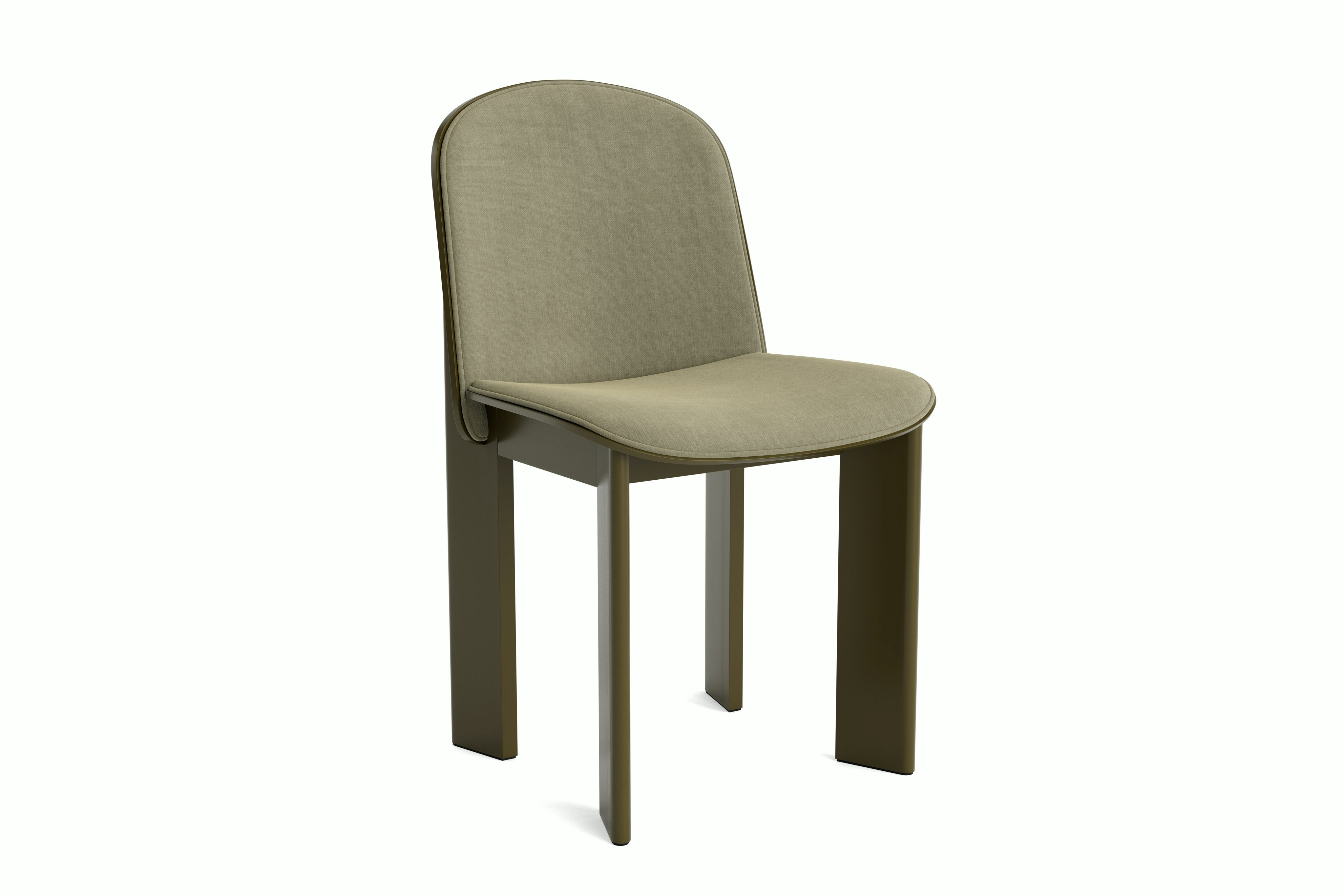 Chisel Chair in green umber with front upholstery, angled view