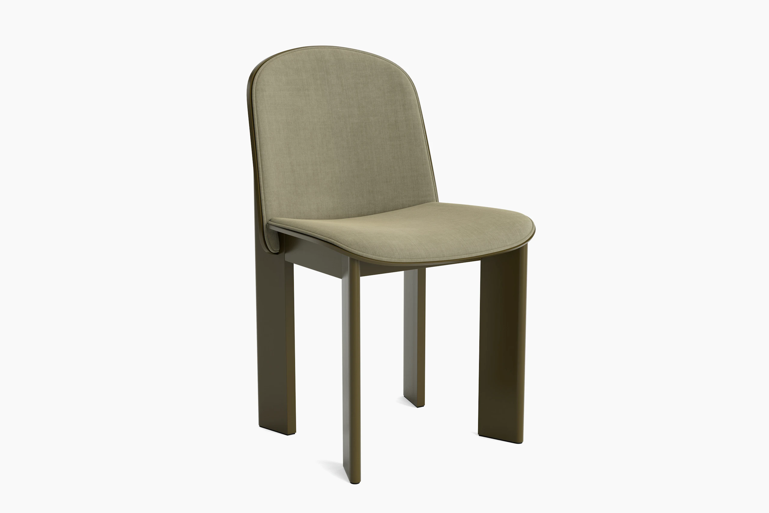 Chisel Chair in green umber with front upholstery, angled view