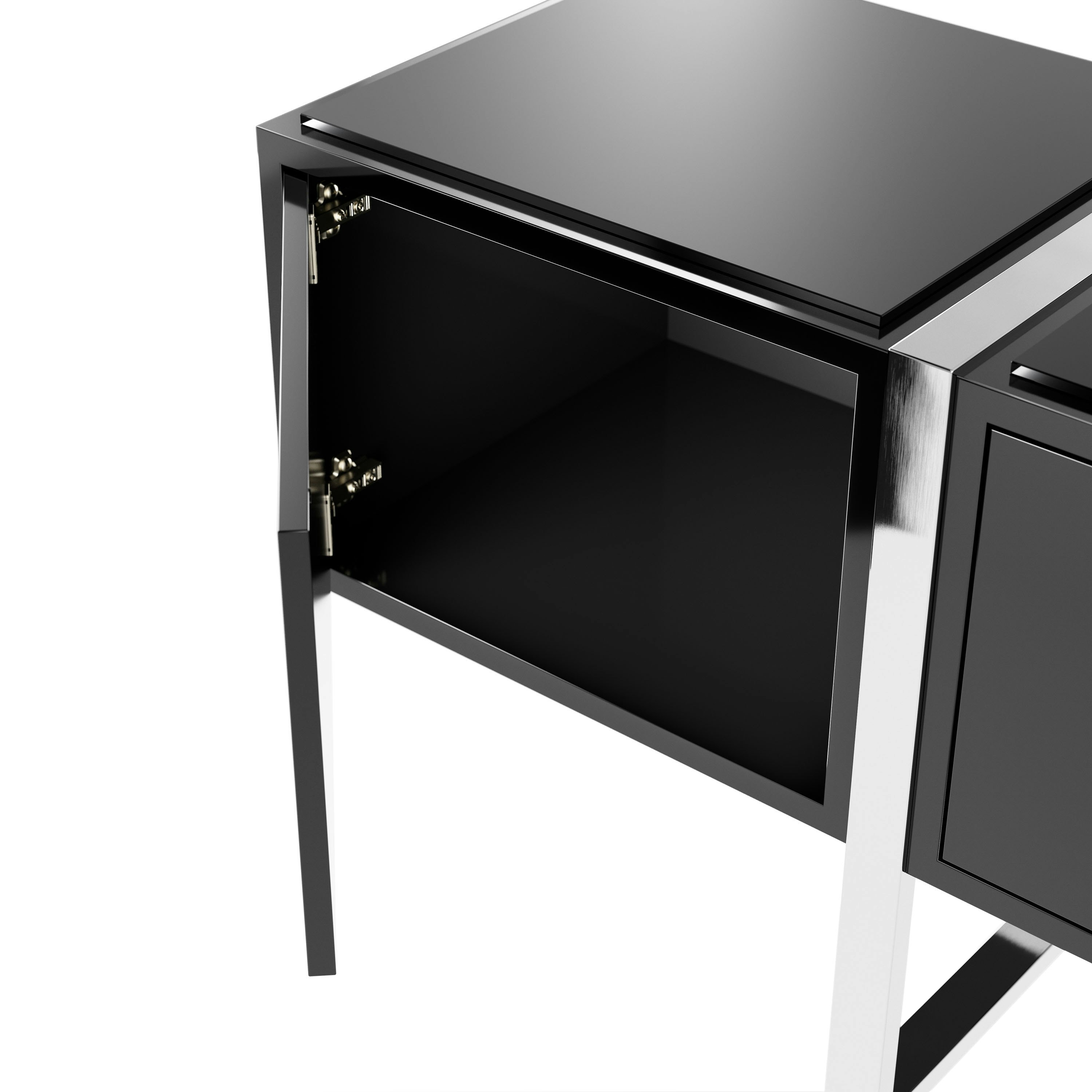 Detail shot of open cabinet on a Highline Credenza in Black Polyester with Clear Black Backpainted Glass top and Polished Chrome legs.