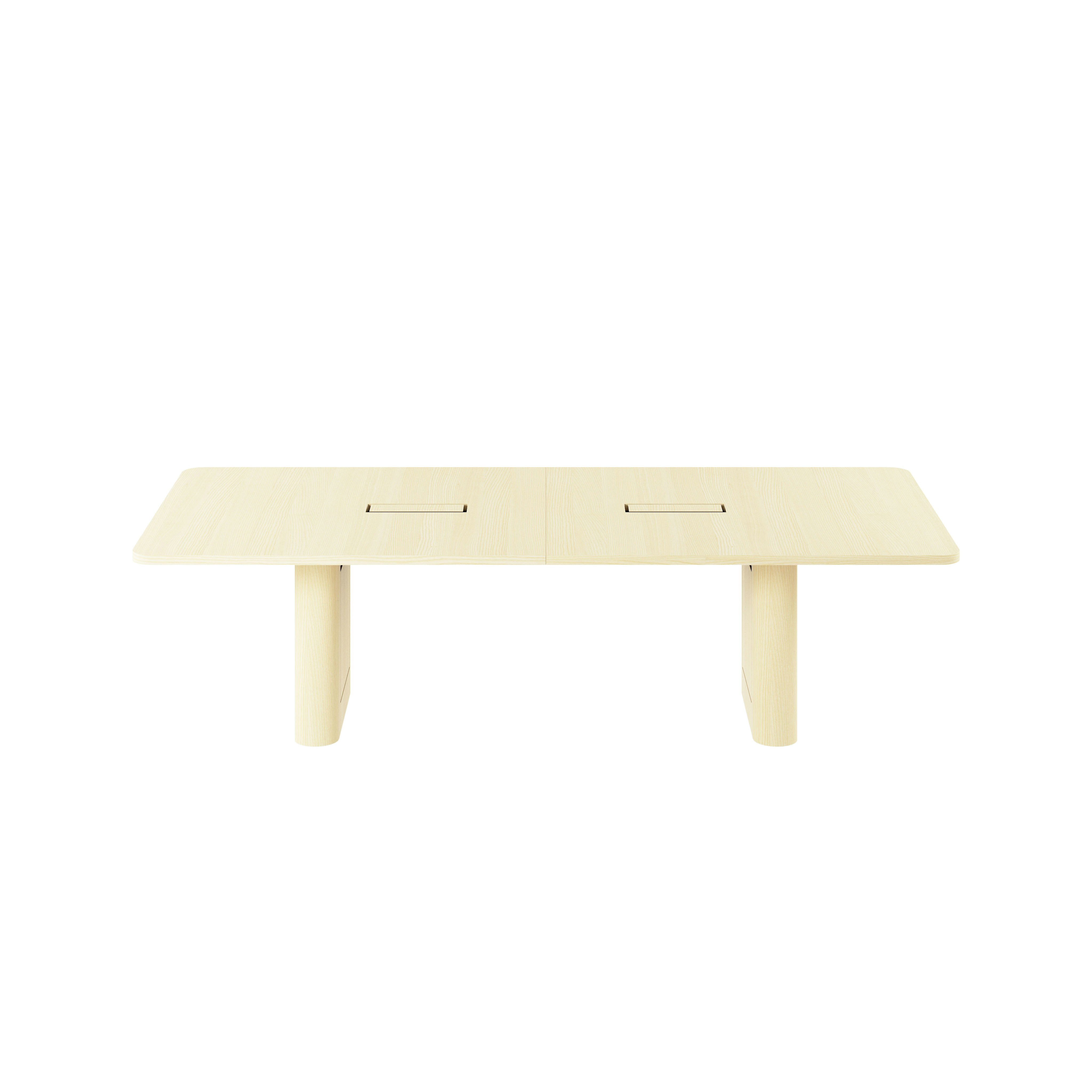 Rectangular JD Conference Table in White Quarter Cut Ash with a 1 and 1/4 inch thick tabletop and racetrack-shaped bases viewed from the front.