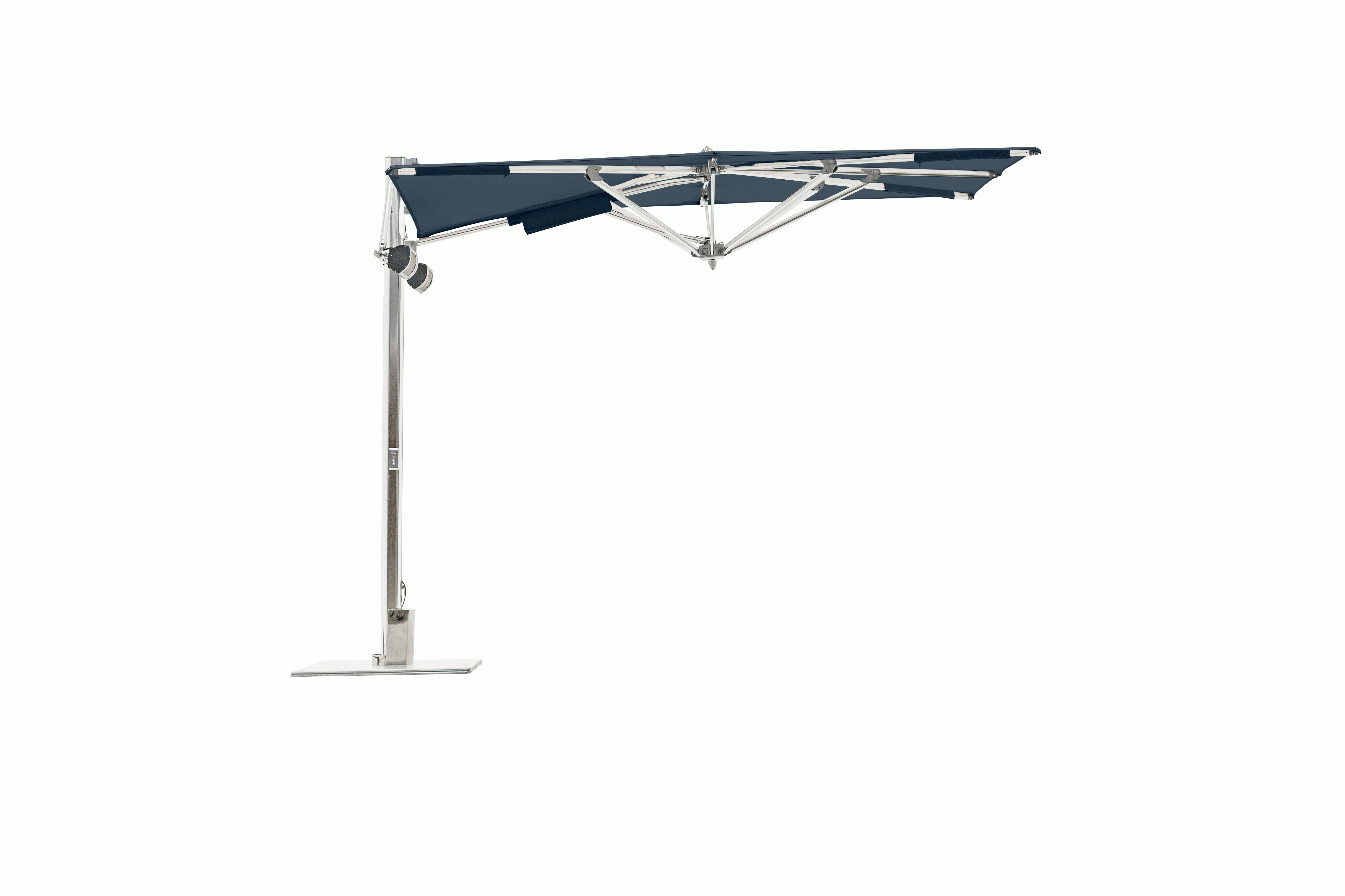 A Tuuci Ocean Master Max Low-Profile Cantilever Umbrella w/Heating & Lighting in Stone White Low viewed from the front.