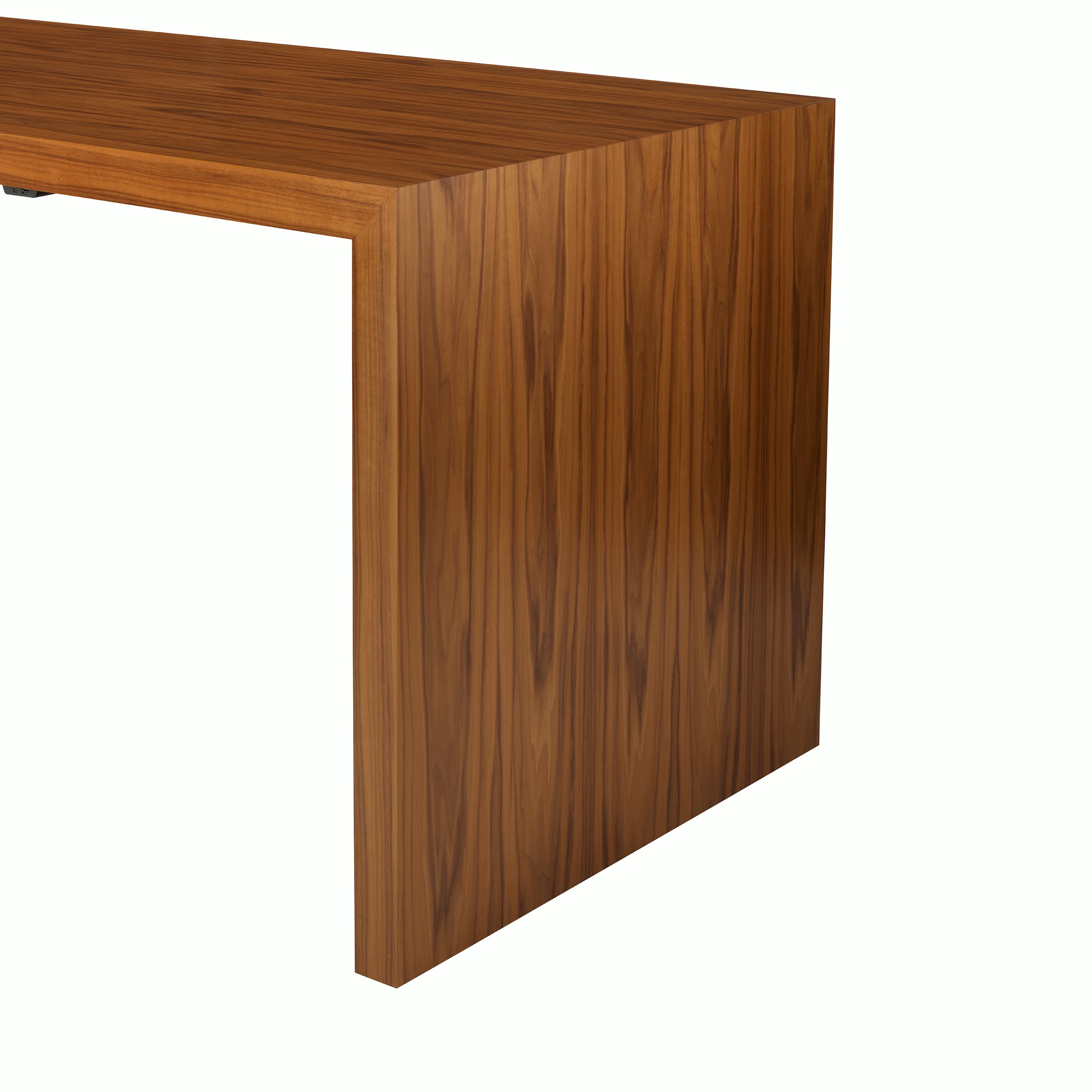 JD Waterfall Table in Walnut bar height, side detail view.