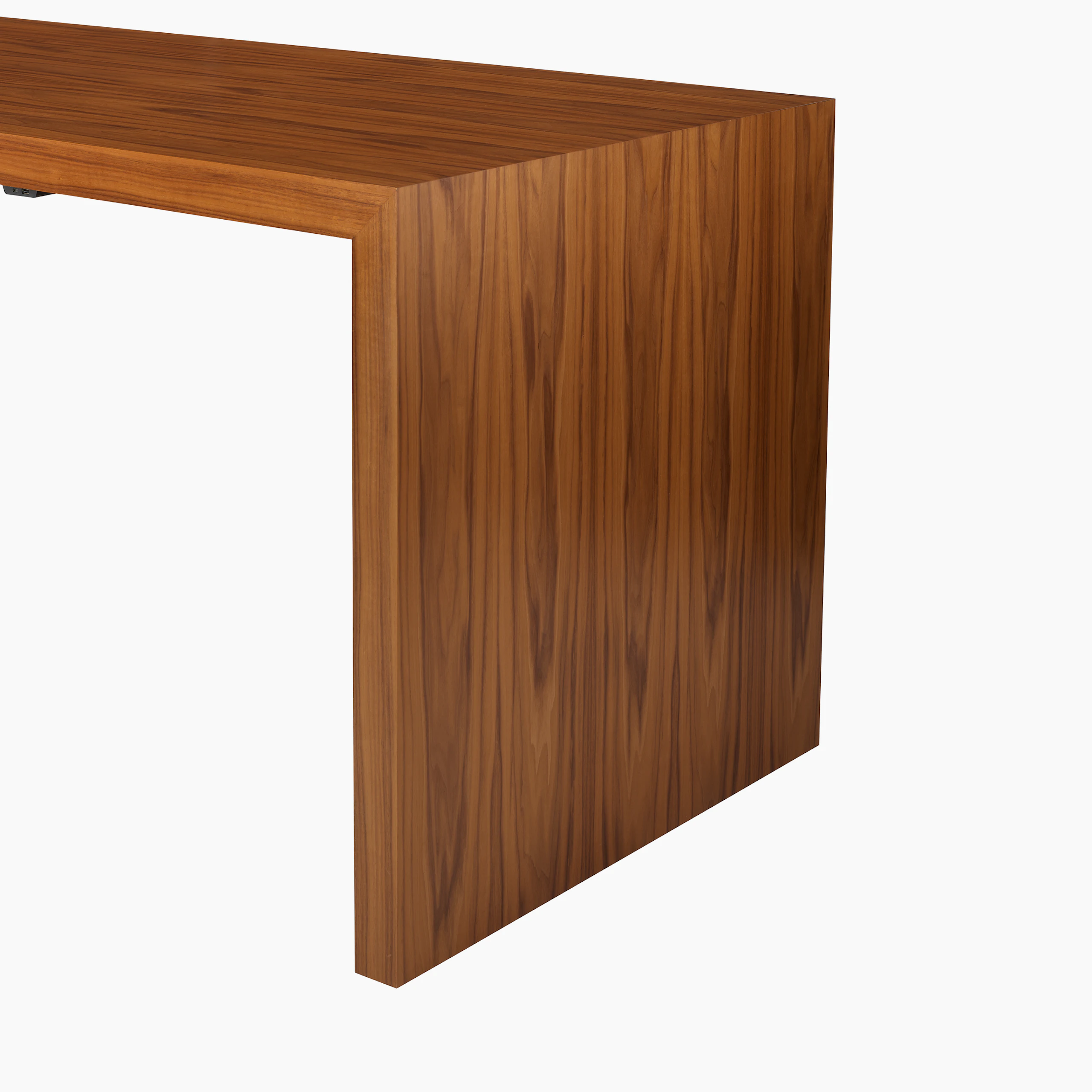 JD Waterfall Table in Walnut bar height, side detail view.