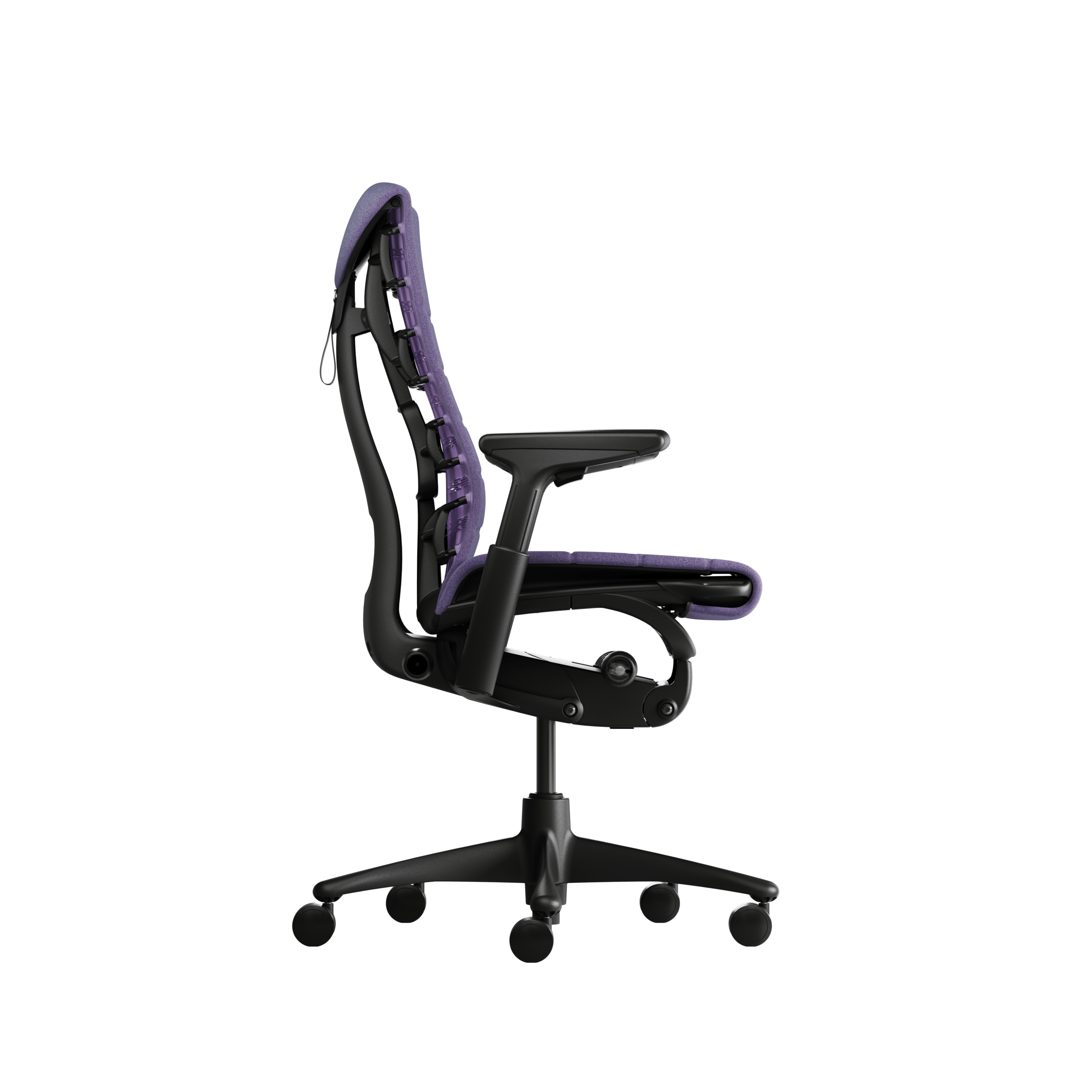 Embody Gaming Chair in Graphite, Amethyst and White viewed from the side