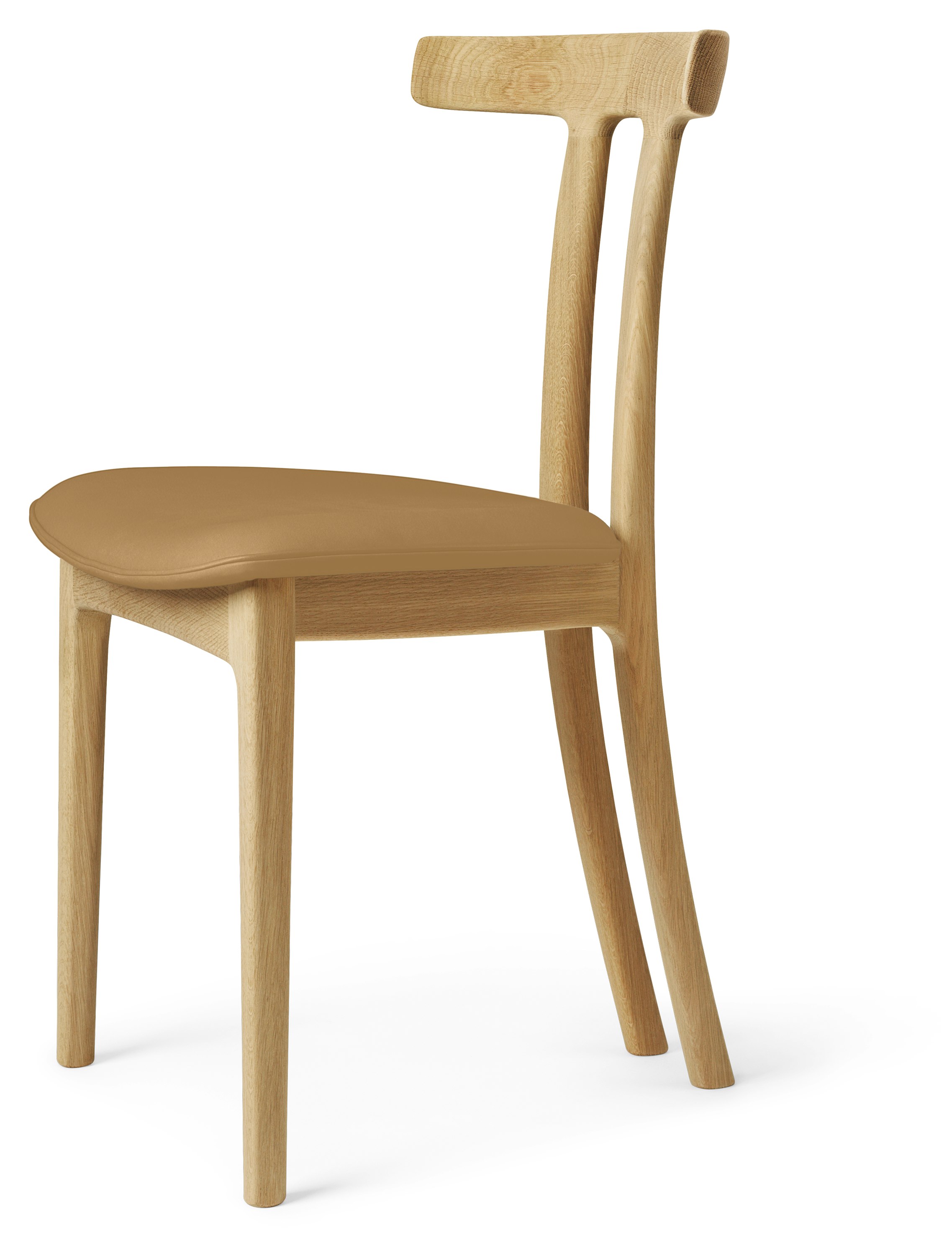 A OW58 T-Chair in Oak Oil Camel viewed from the side.