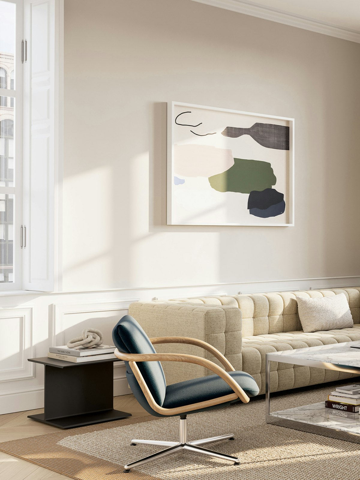 Full Loop Lounge Chairs with Rapport Sofa and H Frame Coffee Table in a residential or collaborative office setting.