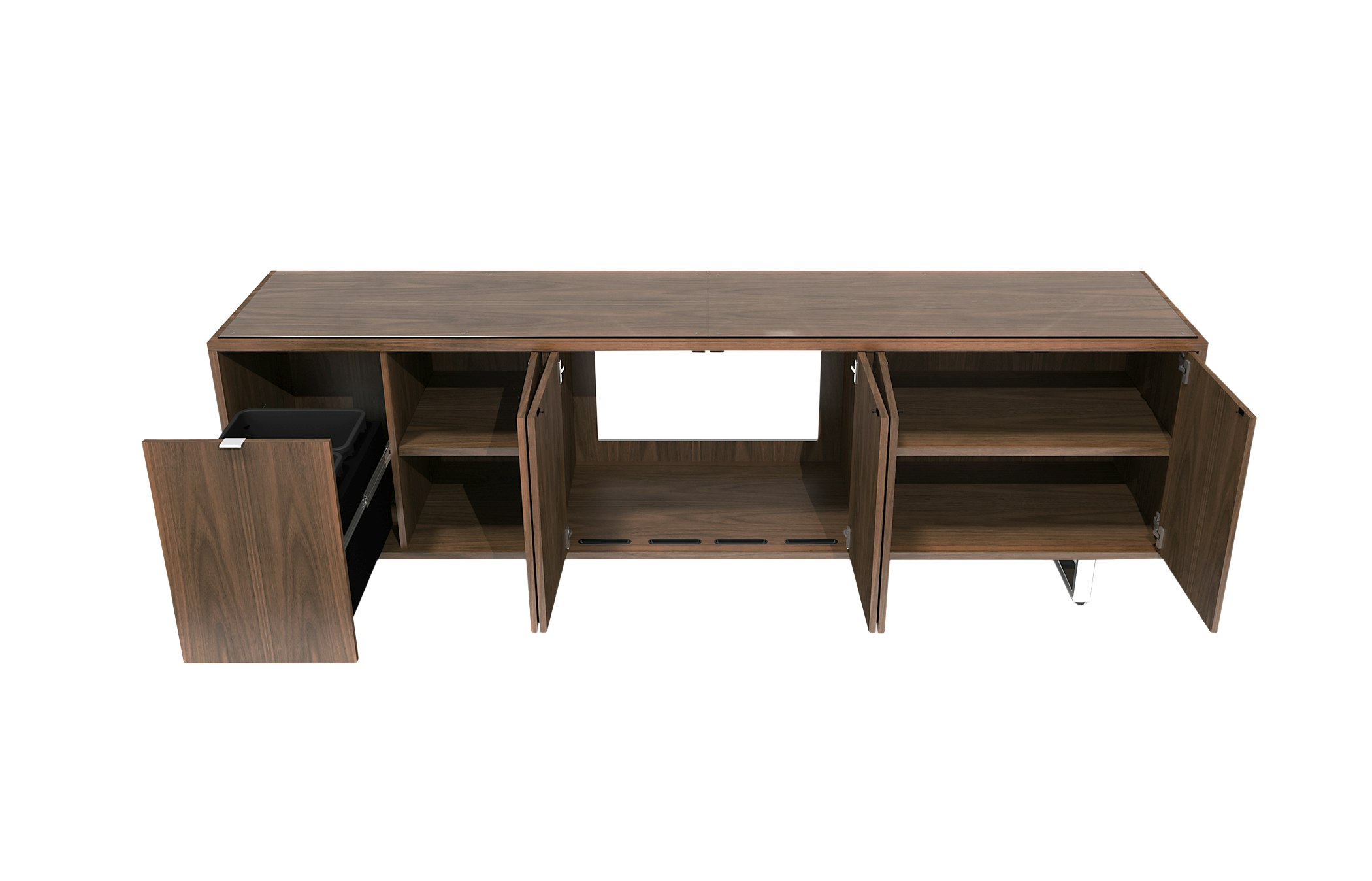 Highline Credenza in Plain Sliced Walnut Smoked Veneer, front view with open cabinets and drawers. 