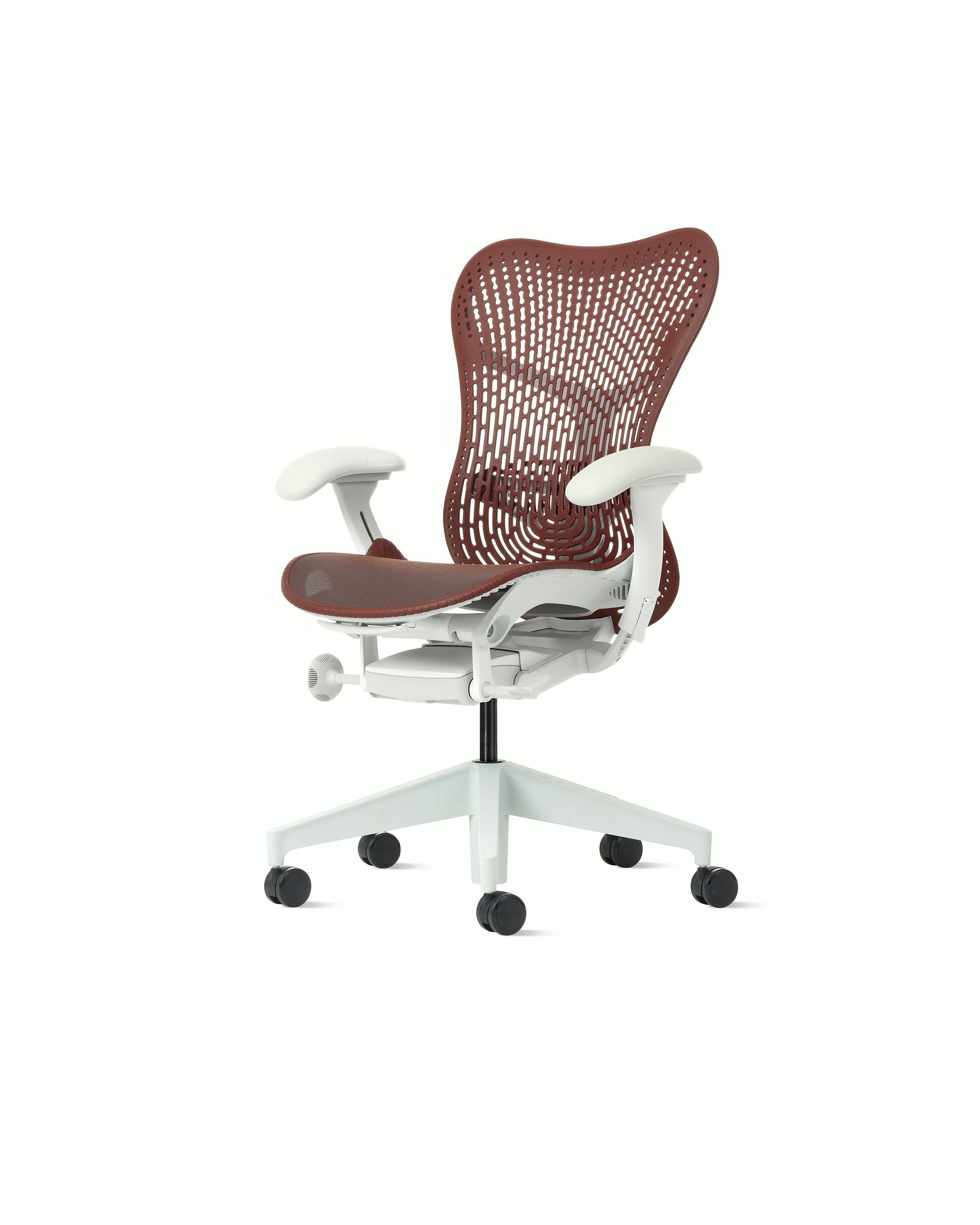 Front angle view of a Mirra 2 chair with Trflex back in cordovan and an alpine frame