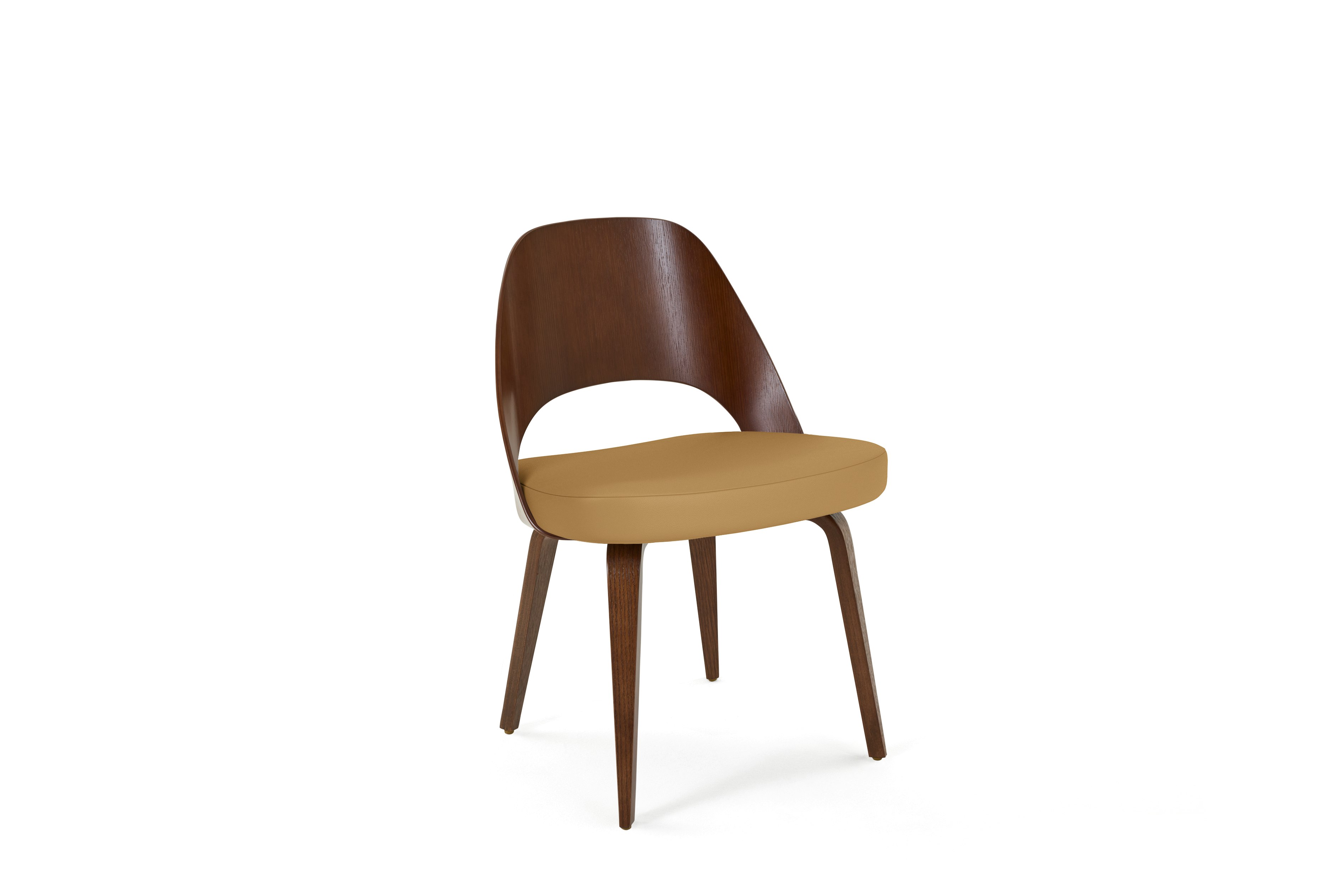 A Saarinen Executive Veneer Back Side Chair in acqua leather botany bay light walnut viewed from an angle.