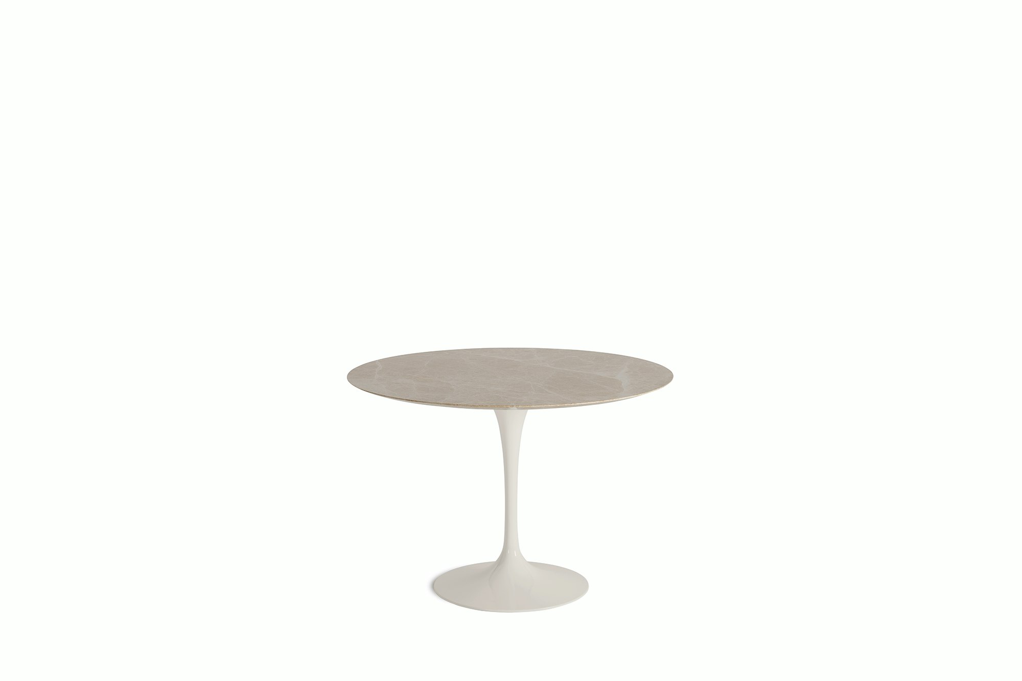 A Saarinen Dining Table in Emperador Light viewed from the front.