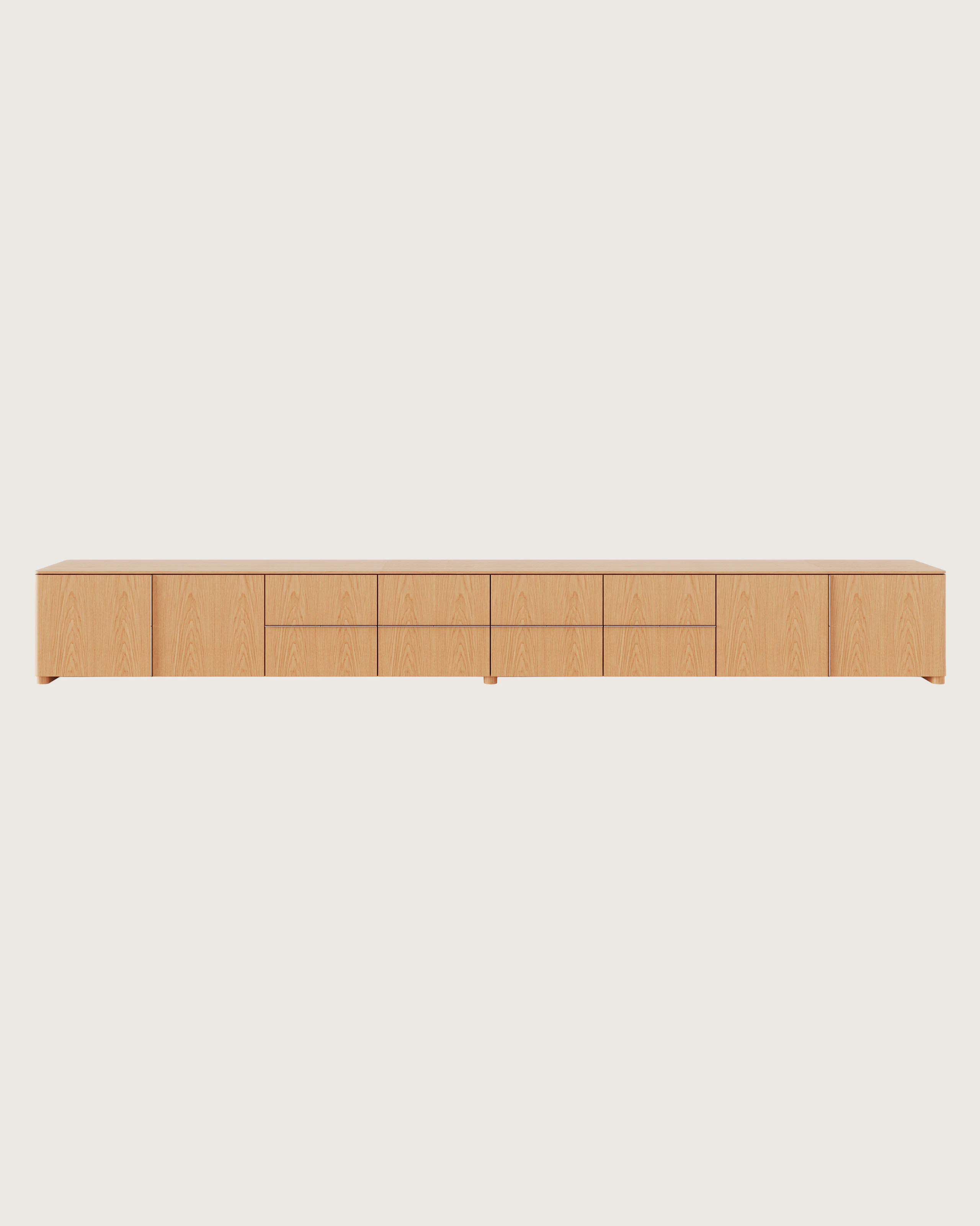 Ascent Credenza designed by EOOS in natural flat cut oak shown front-facing on a white sweep.