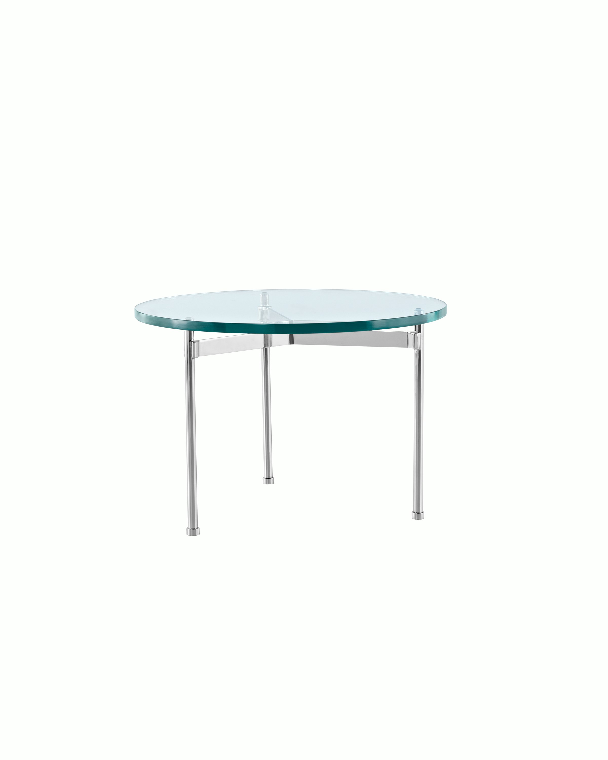 A round Claw occasional table with a glass top, metal cross brace, and three legs.