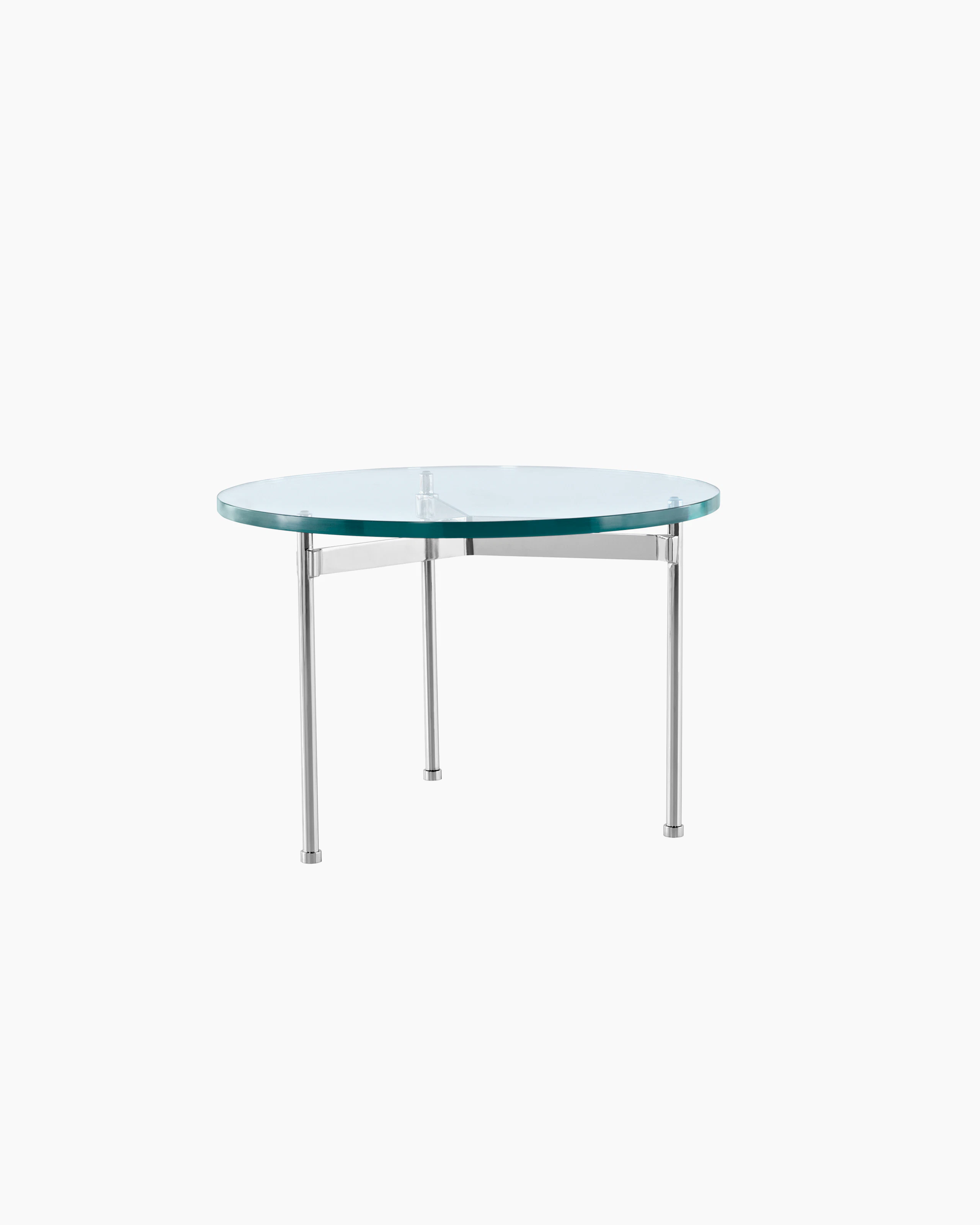 A round Claw occasional table with a glass top, metal cross brace, and three legs.