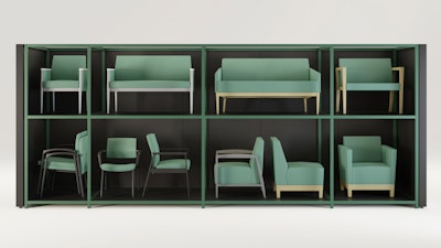 A collection of teal-green healthcare seating from Herman Miller arranged in a matching two-level display on exhibit at Healthcare Design Conference & Expo.