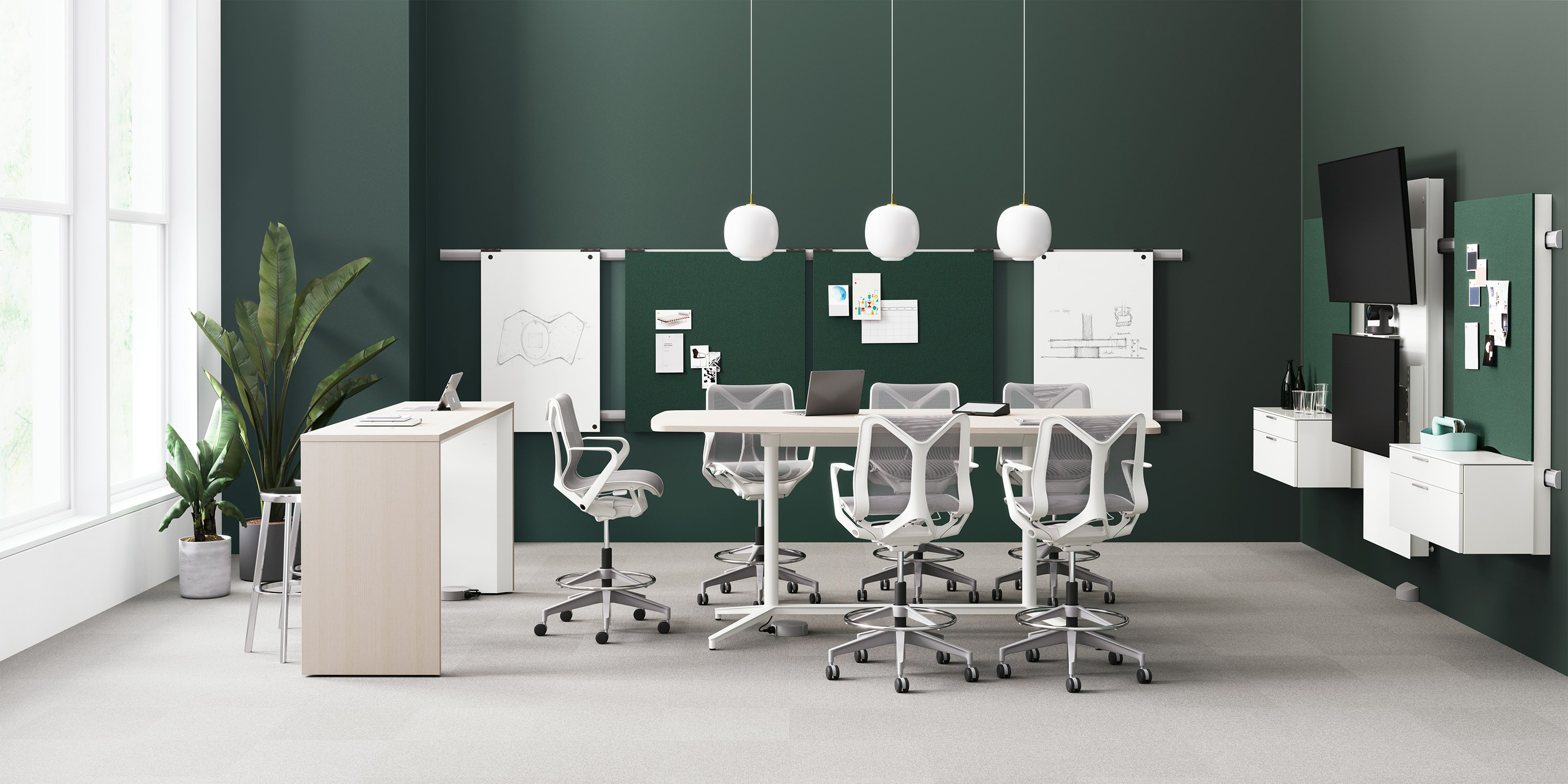 A rendering of Headway communal and Y Base table in a work room with Cosm Stools, Logic Reach providing power, and Exclave Collaborative Furniture.