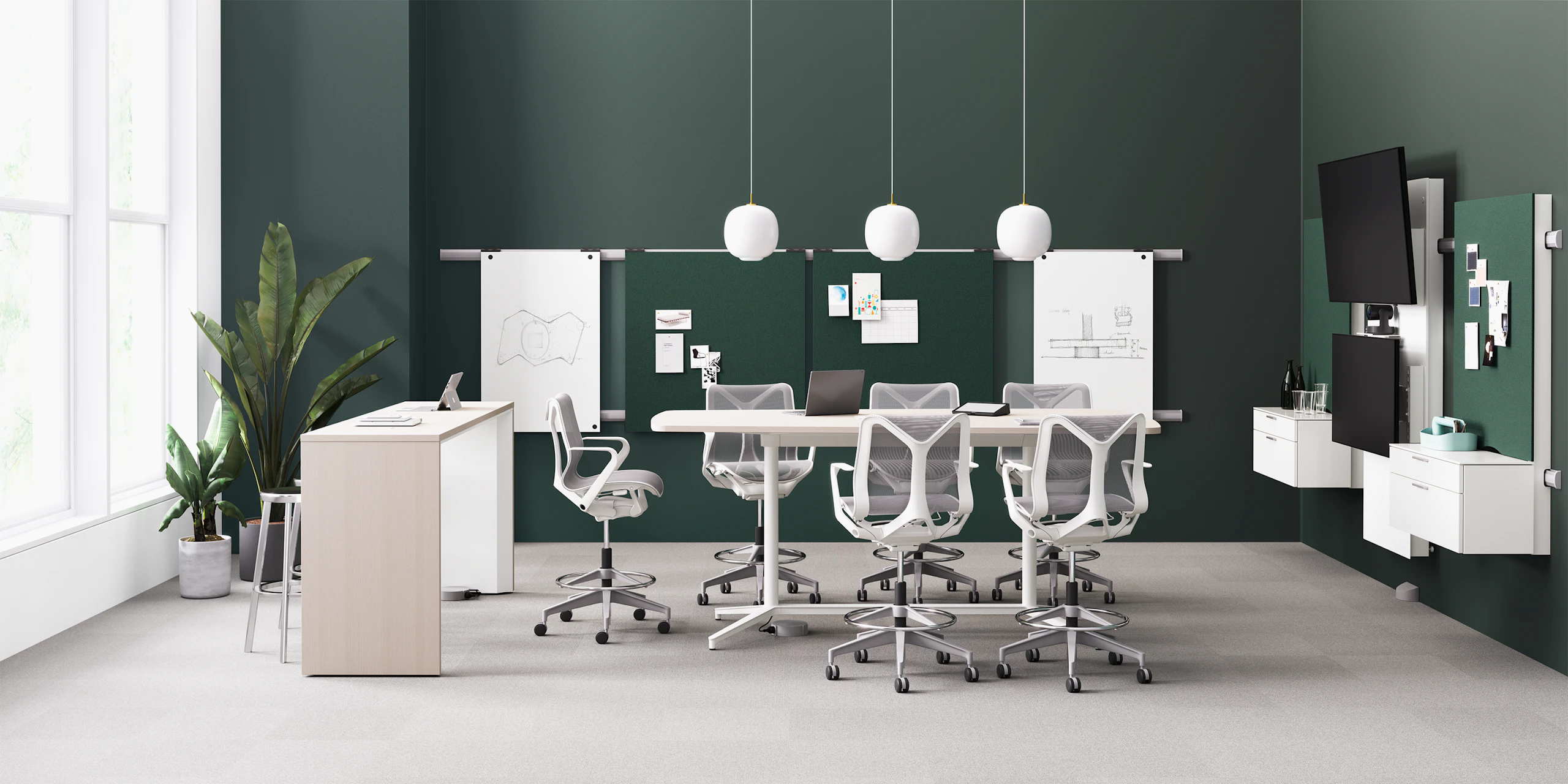 A rendering of Headway communal and Y Base table in a work room with Cosm Stools, Logic Reach providing power, and Exclave Collaborative Furniture.