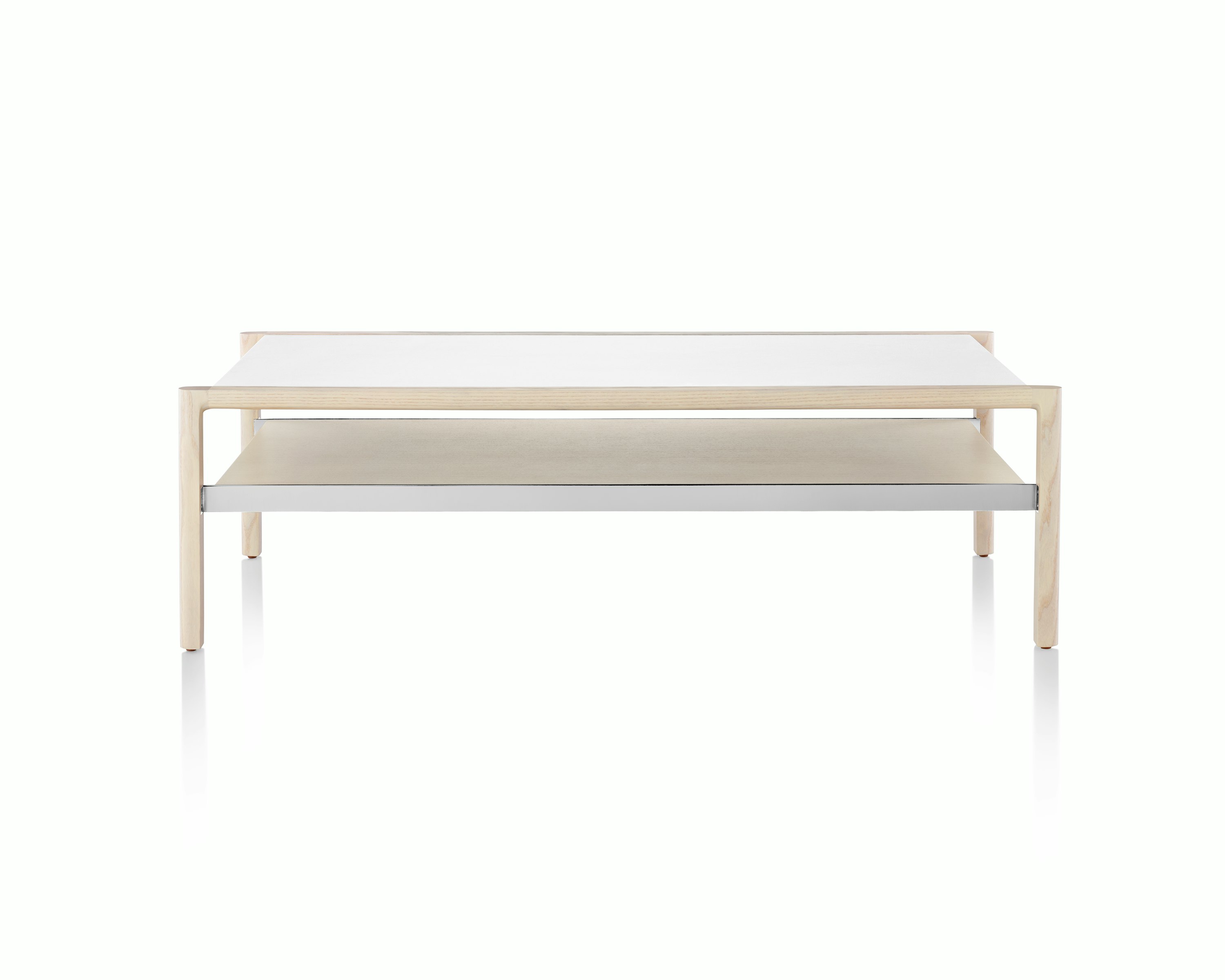 A rectangular Brabo Table with a leather-wrapped top, wood shelf, and metal frame supports.