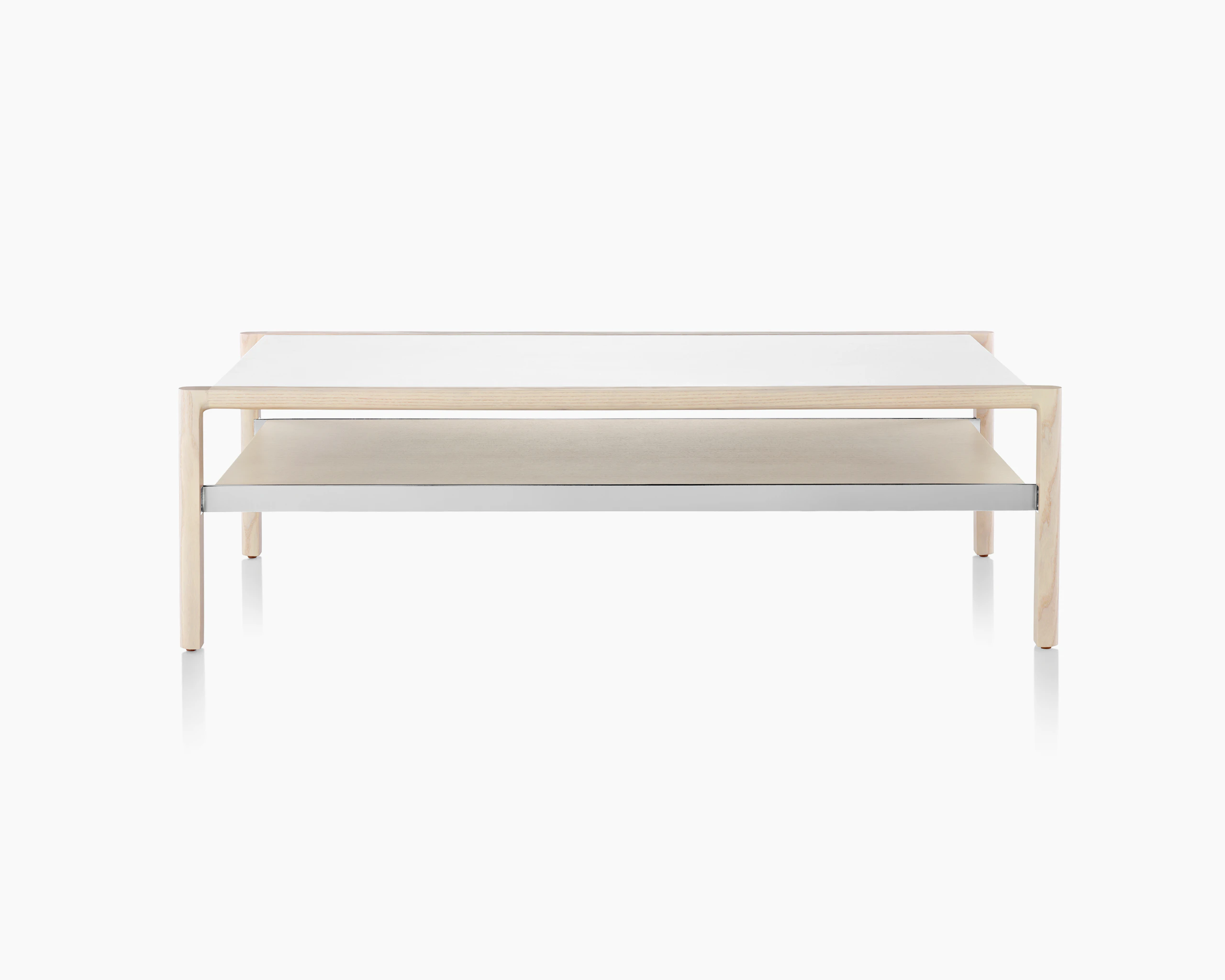 A rectangular Brabo Table with a leather-wrapped top, wood shelf, and metal frame supports.