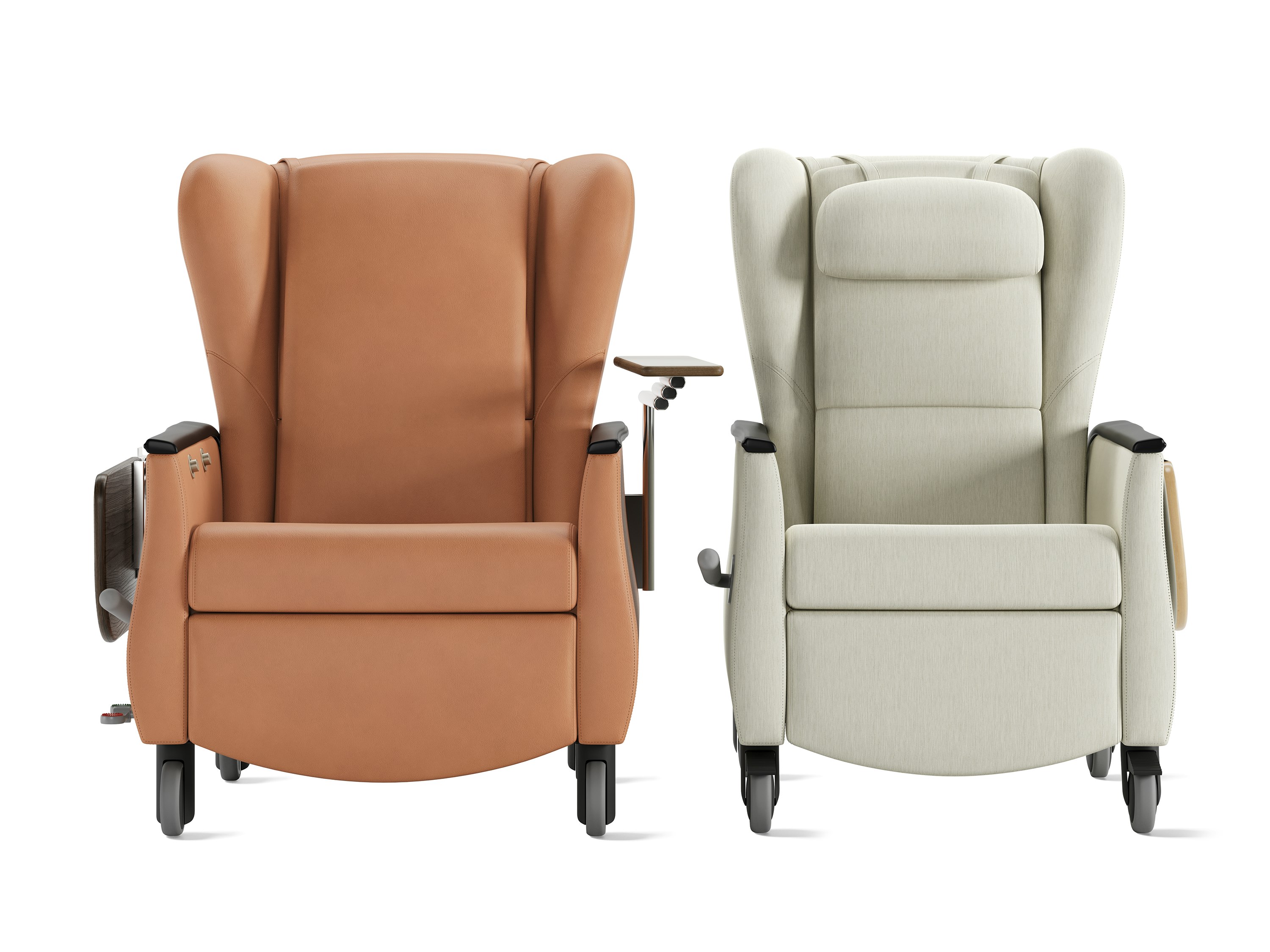 Serenity Recliner in Standard and Small, both with narrow arms, from left - swivel table, accessories table, folding table