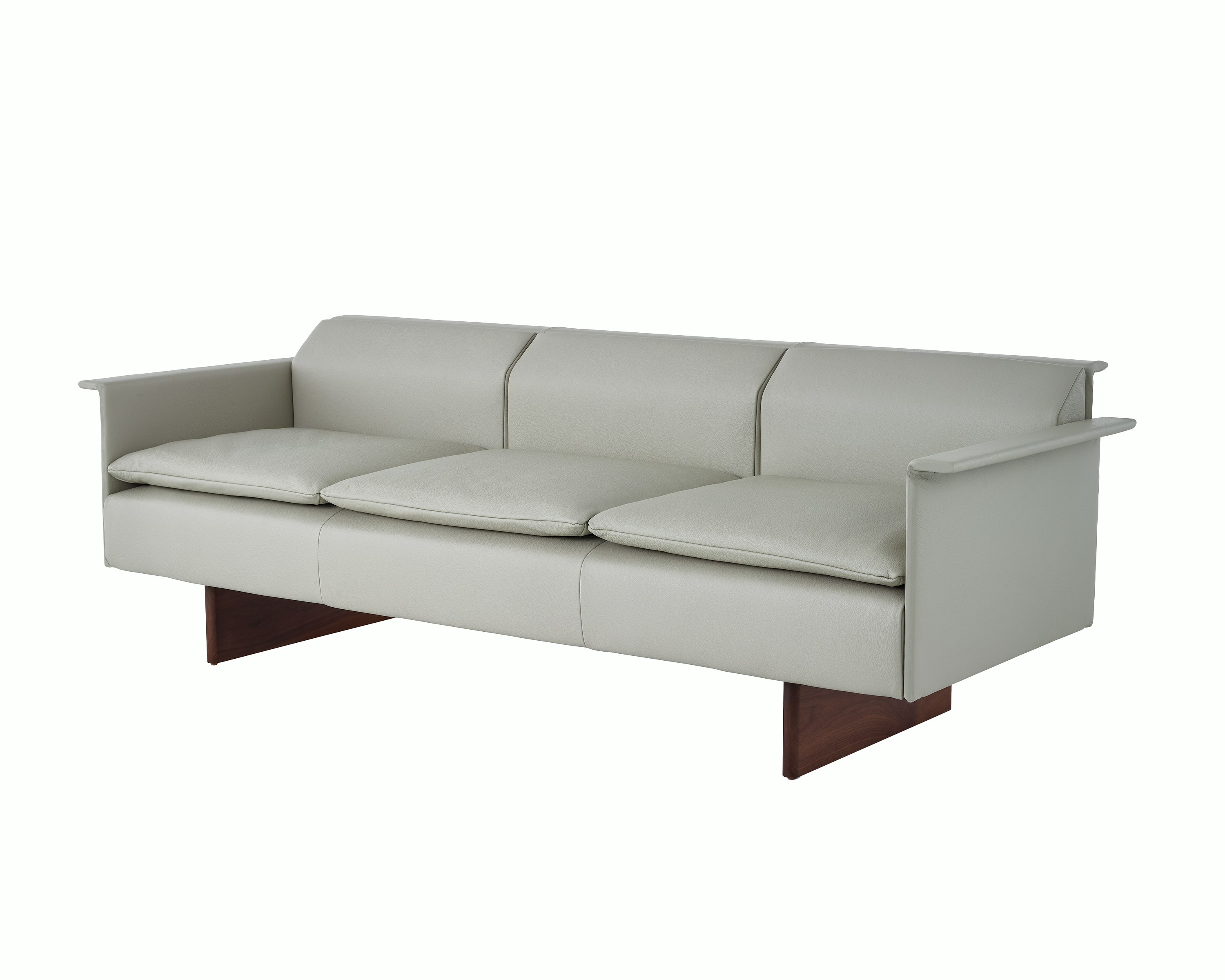 Mantle Three Seater Sofa with Walnut Wood Base in Bristol Leather Ash Gray.