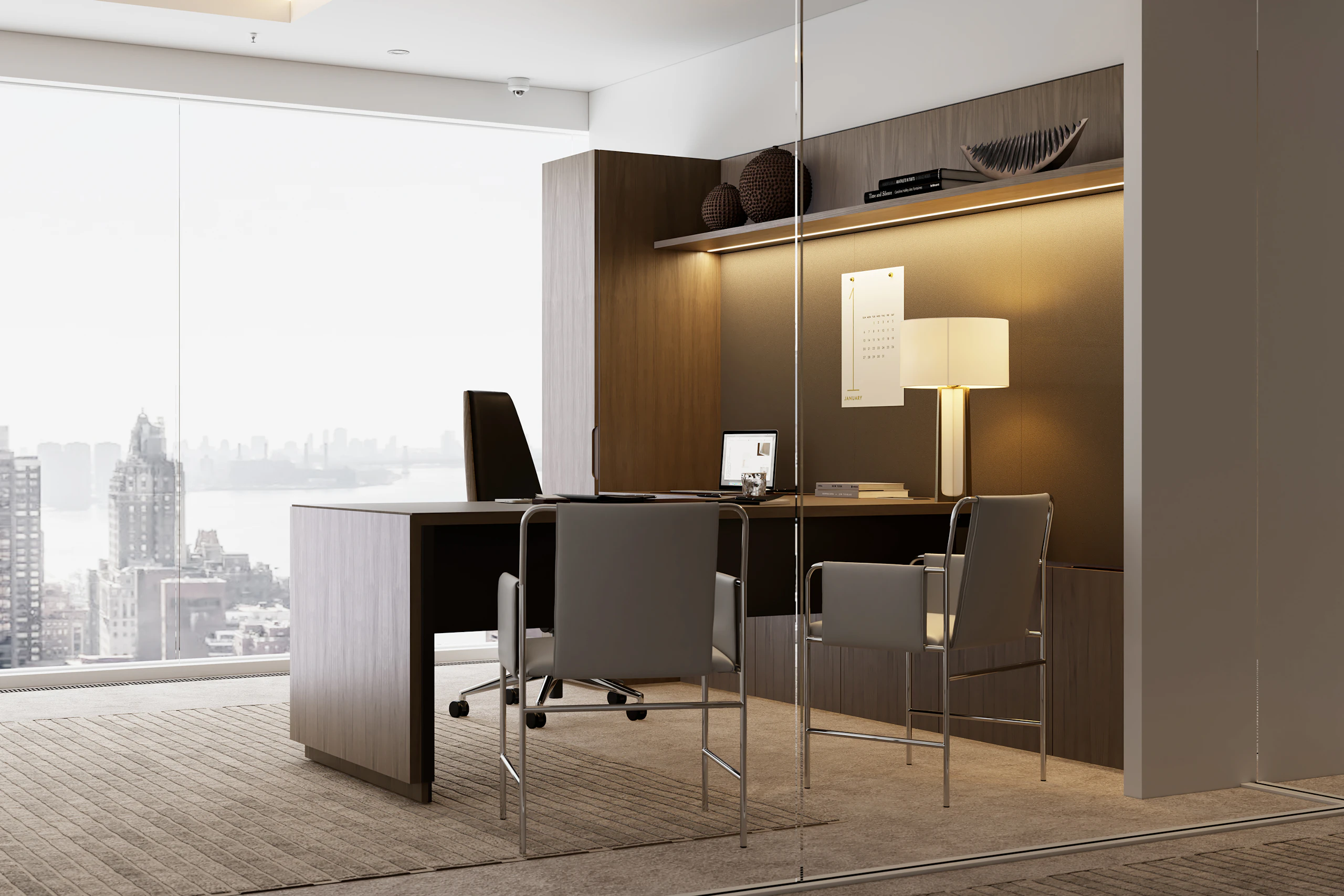 A Geiger One Private Office in Natural Flat Cut Walnut with a Clamshell Office Chair and Envelope Guest Chairs viewed from an angle.