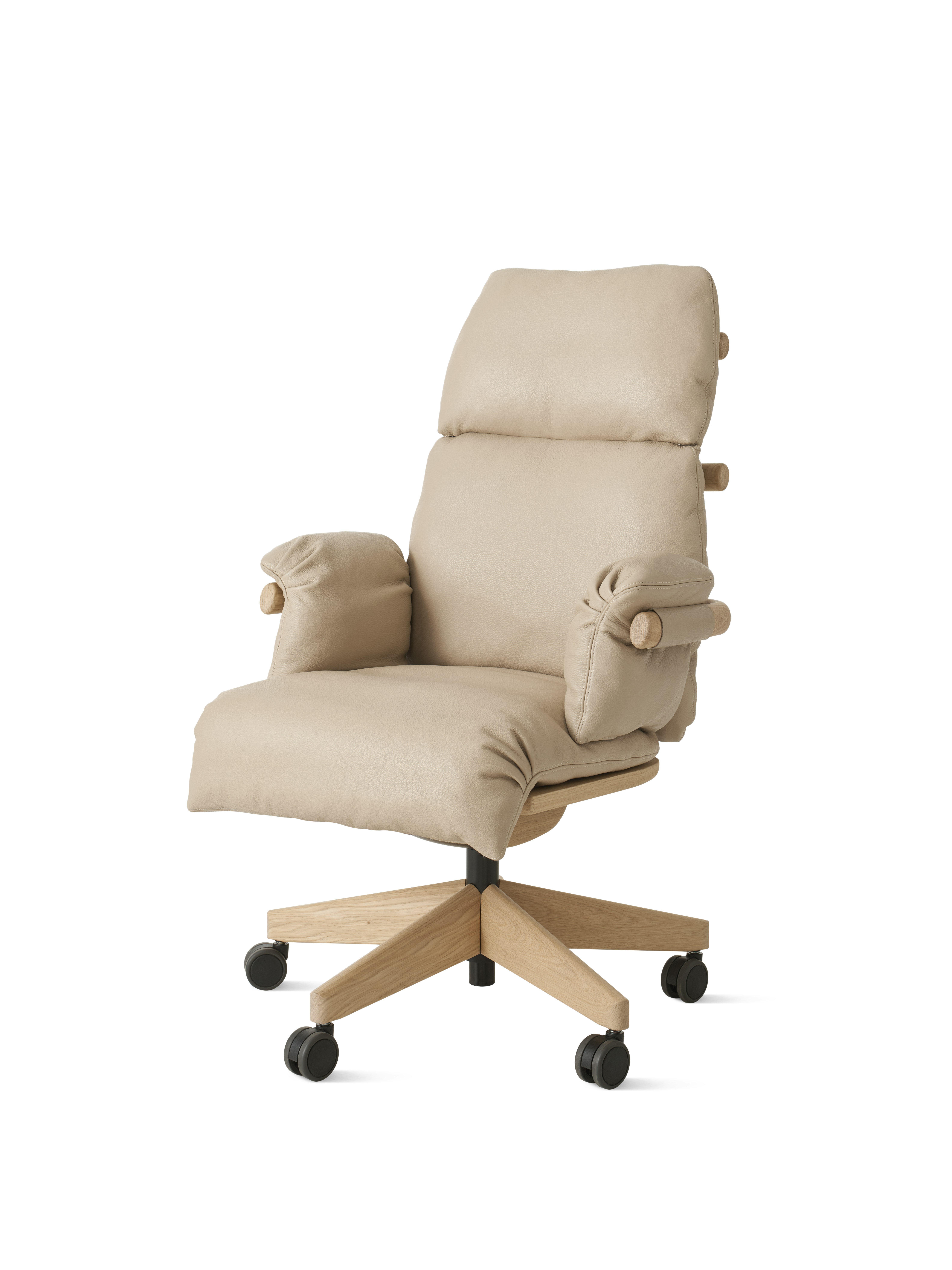 Ramus Chair - High Back,  Comfort Leather,  Grey Beige,  Oak,  Satin Brass,  Hard Floor Caster