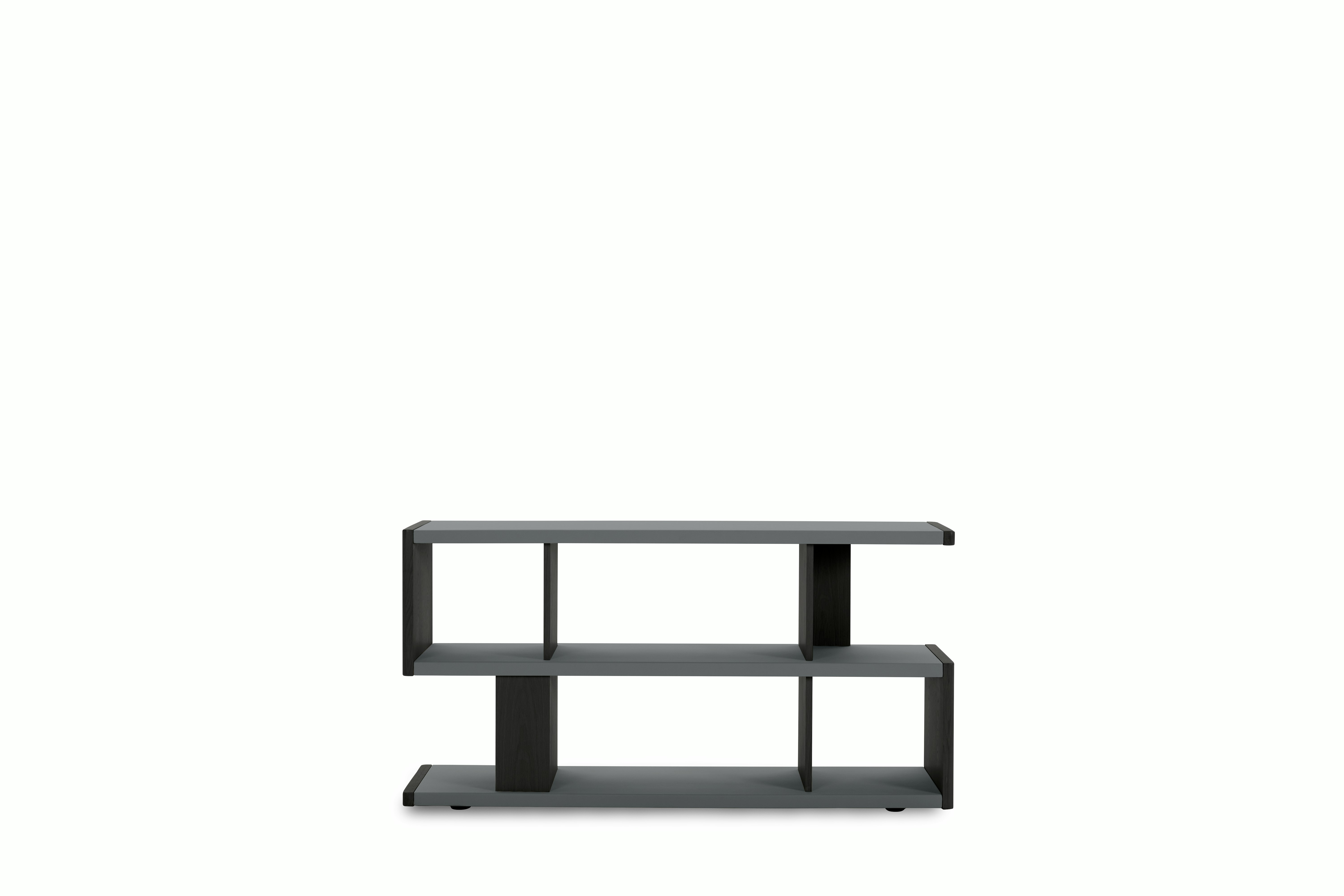 New Canaan Low Bookshelf - Black oak, Bristol Leather, Sky Grey