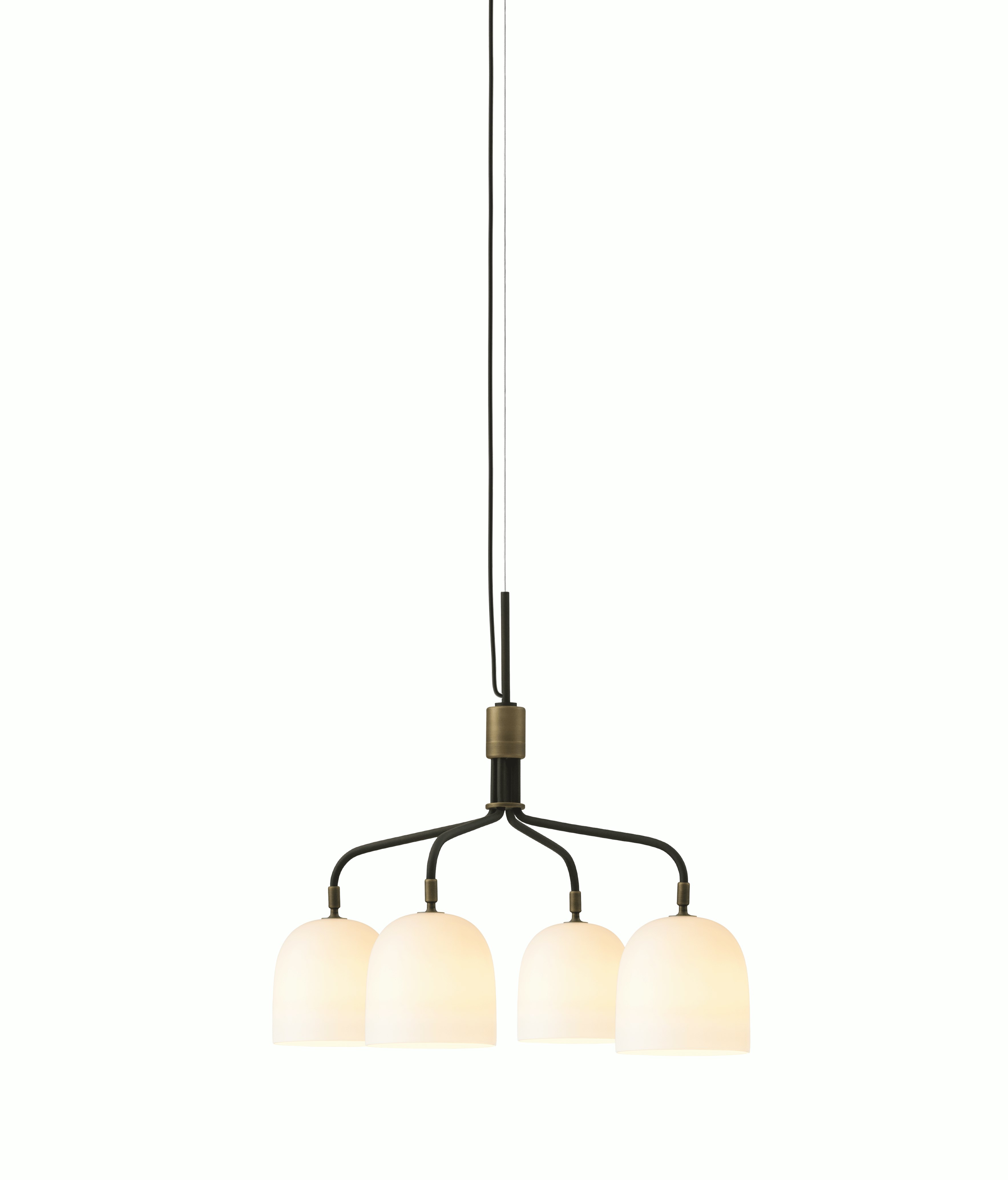 A Howard Chandelier in Bone China viewed from the front with light on.