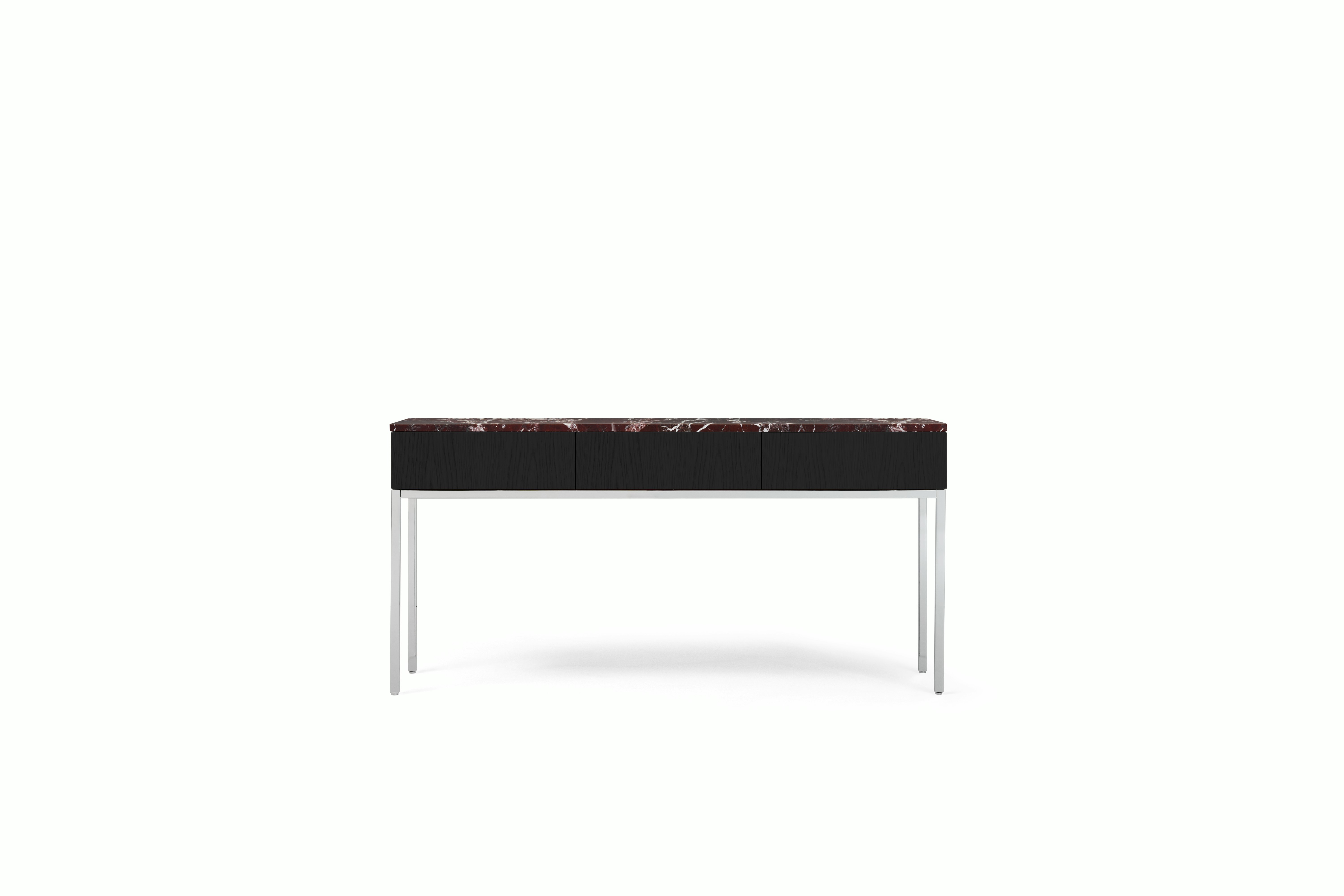 A Knoll Chermayeff Console Table in Ebony, Rosso Rubino Satin Coated Marble viewed from the front.