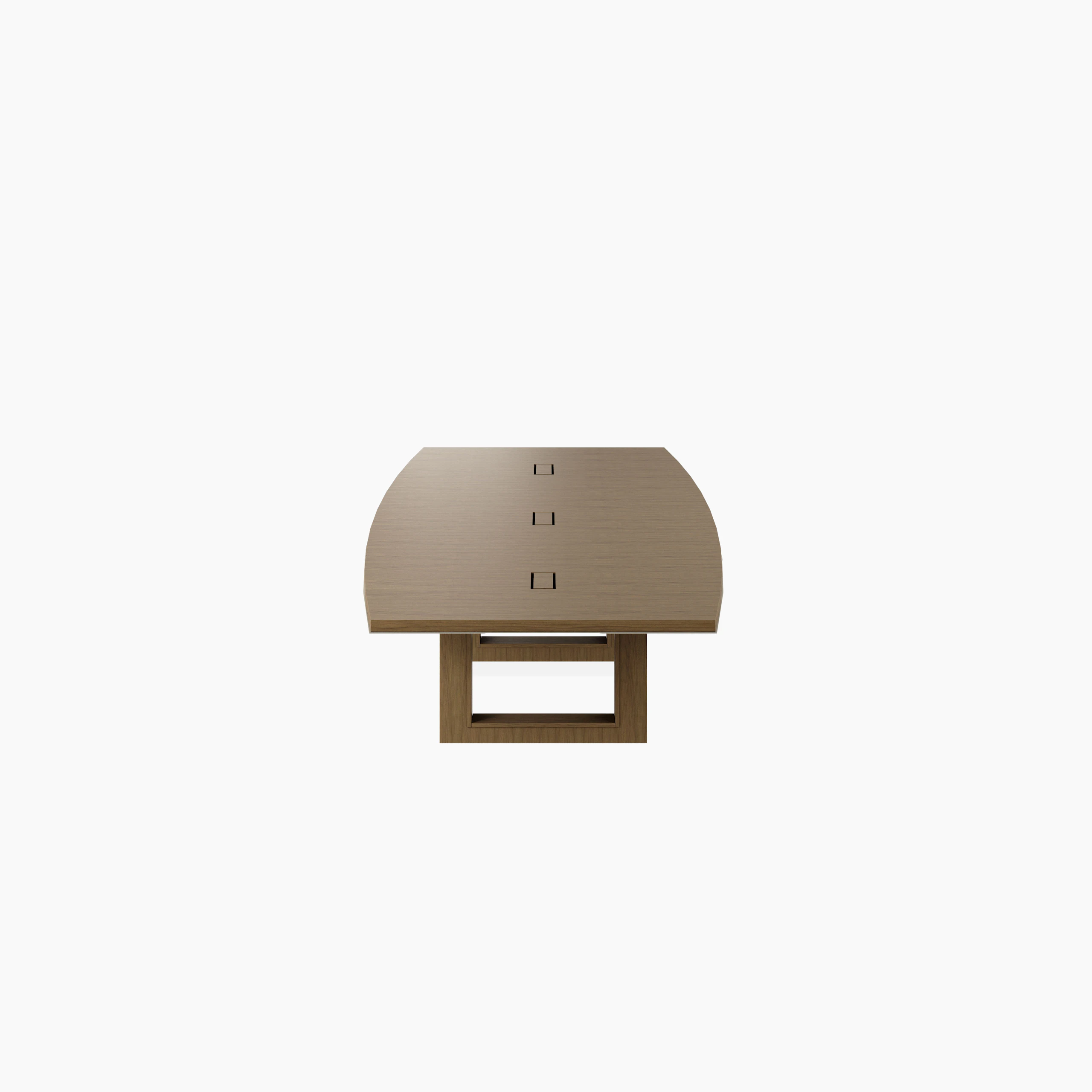Boat-shaped Highline Fifty Conference Table in Natural Flat Cut Walnut with a Satin Nickel edge viewed from the side.