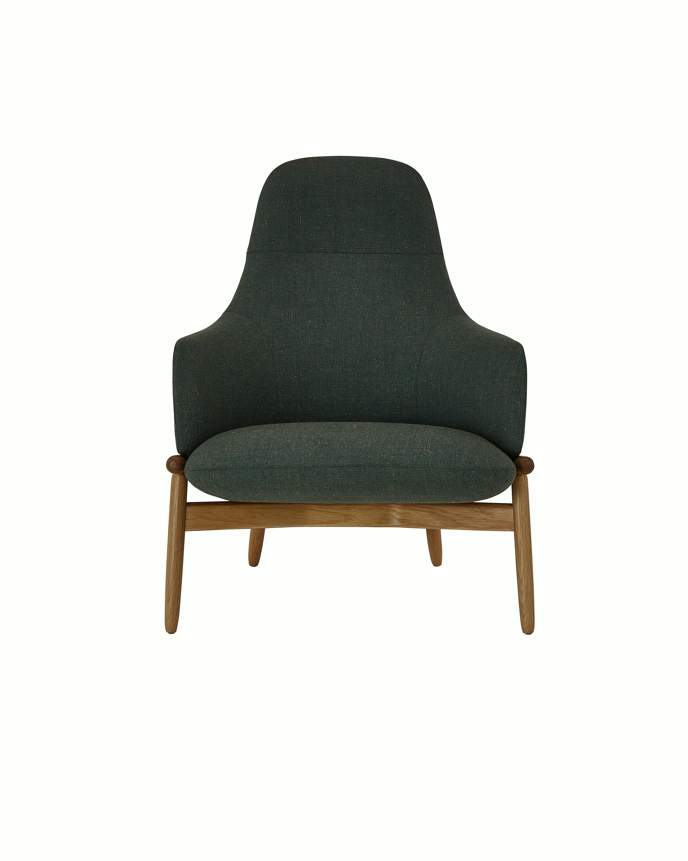 High Back Reframe Lounge Chair designed by EOOS upholstered in Rowan in Zucchini with a Natural Oak base, shown front-facing on a white sweep.