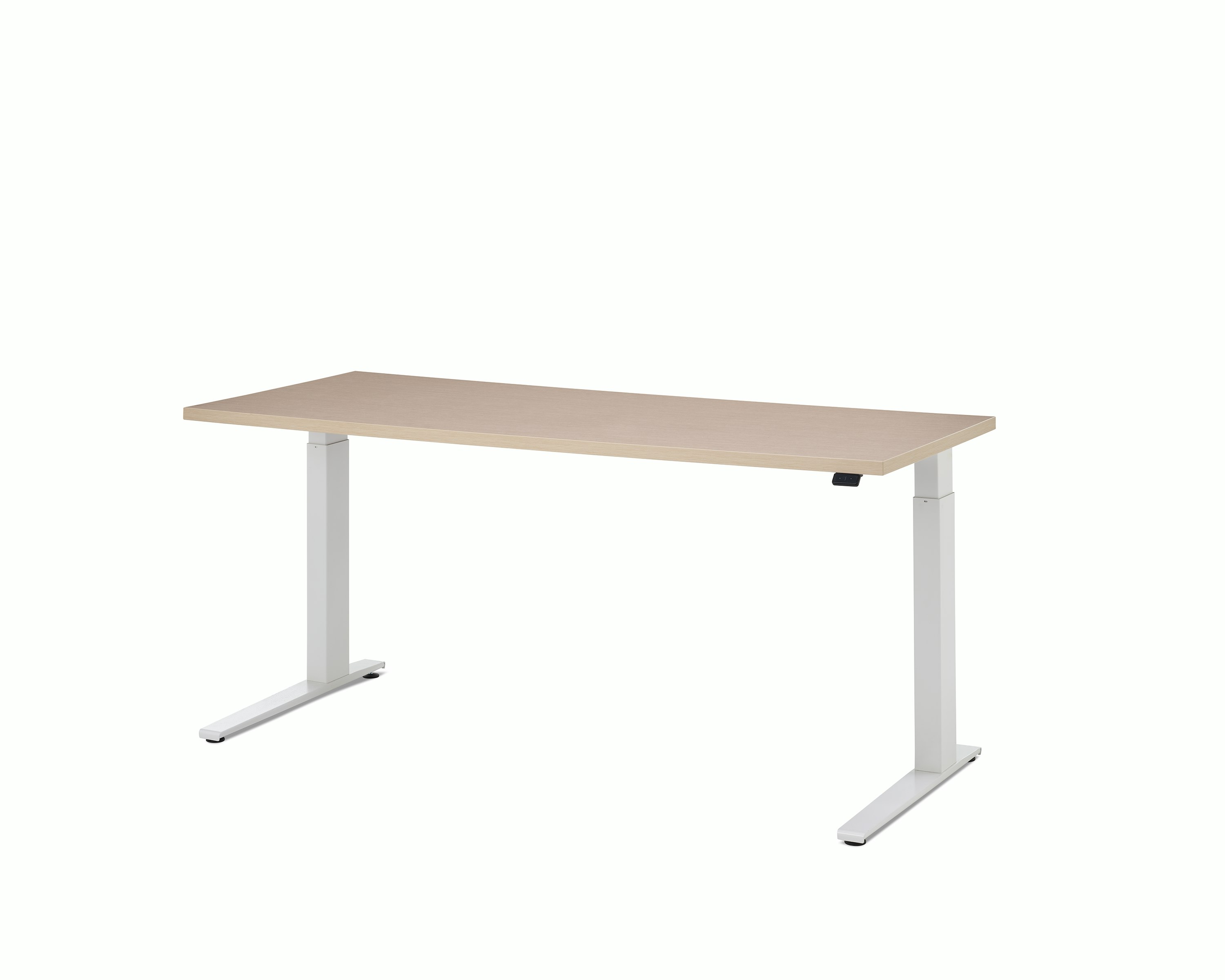 Height-adjustable table with white base, clear on ash surface and a Simple Touch Switch.