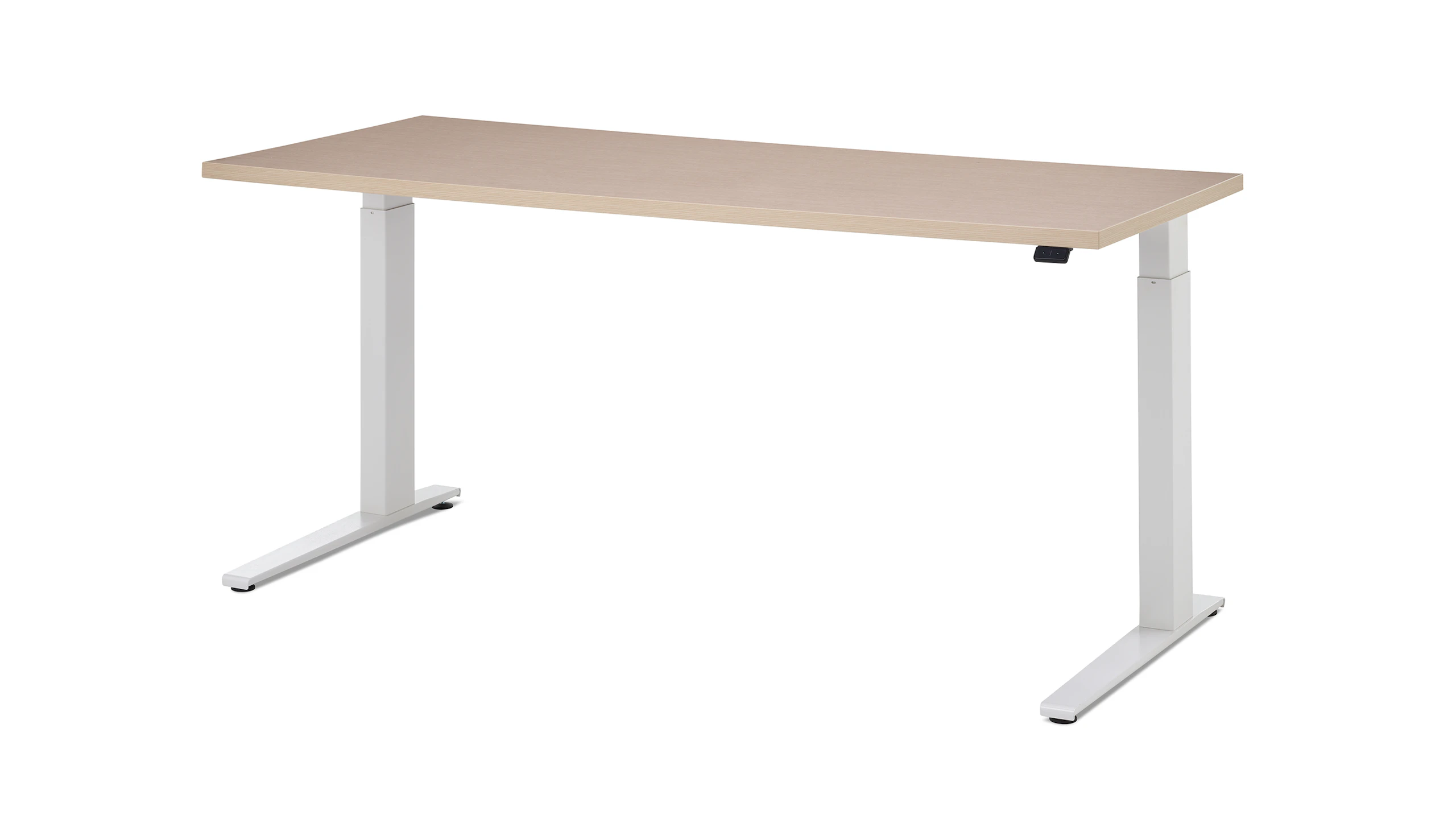Height-adjustable table with white base, clear on ash surface and a Simple Touch Switch.
