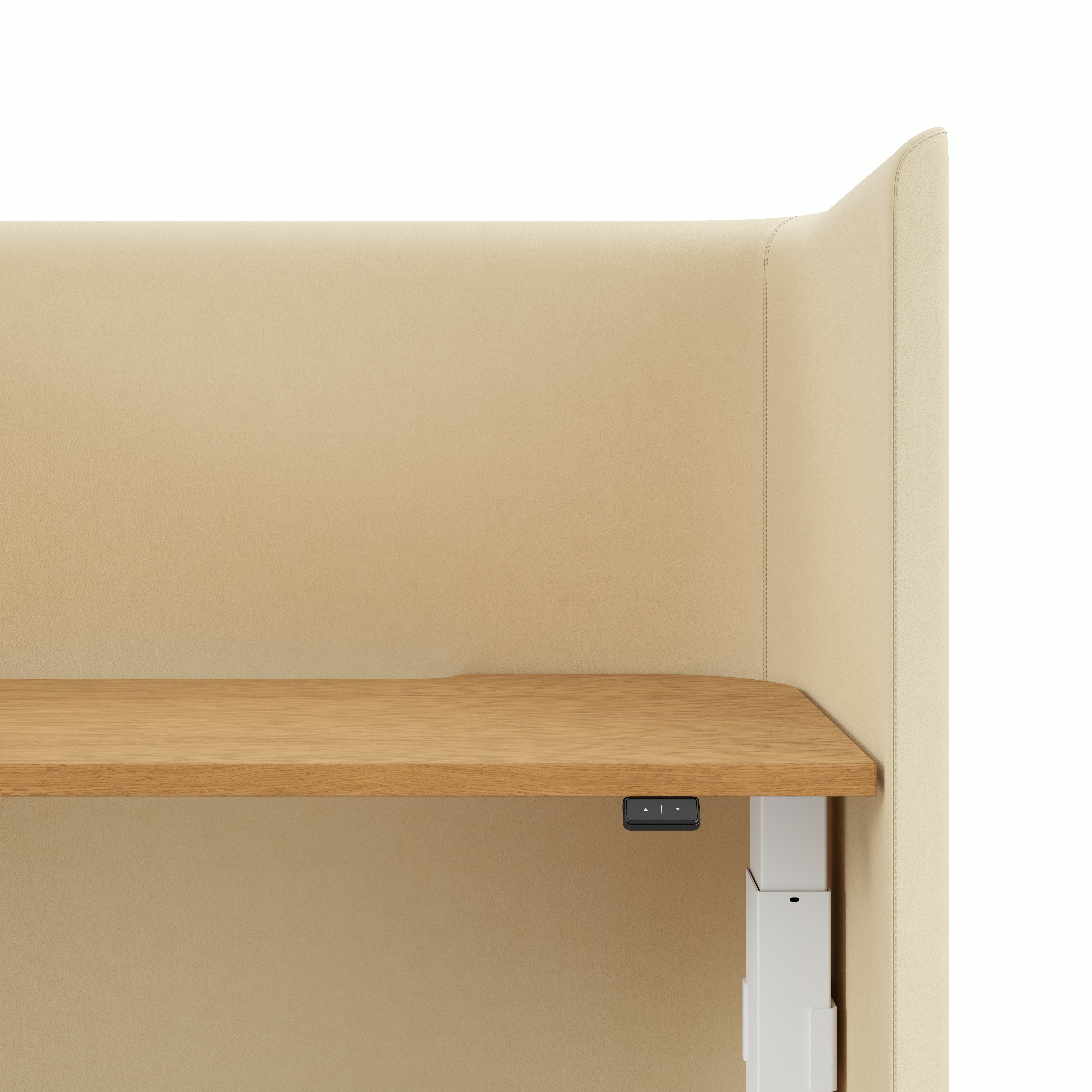 NaughtOne Pullman Height Adjustable Desk front view showing sit-stand lever and leg detail, on white background.