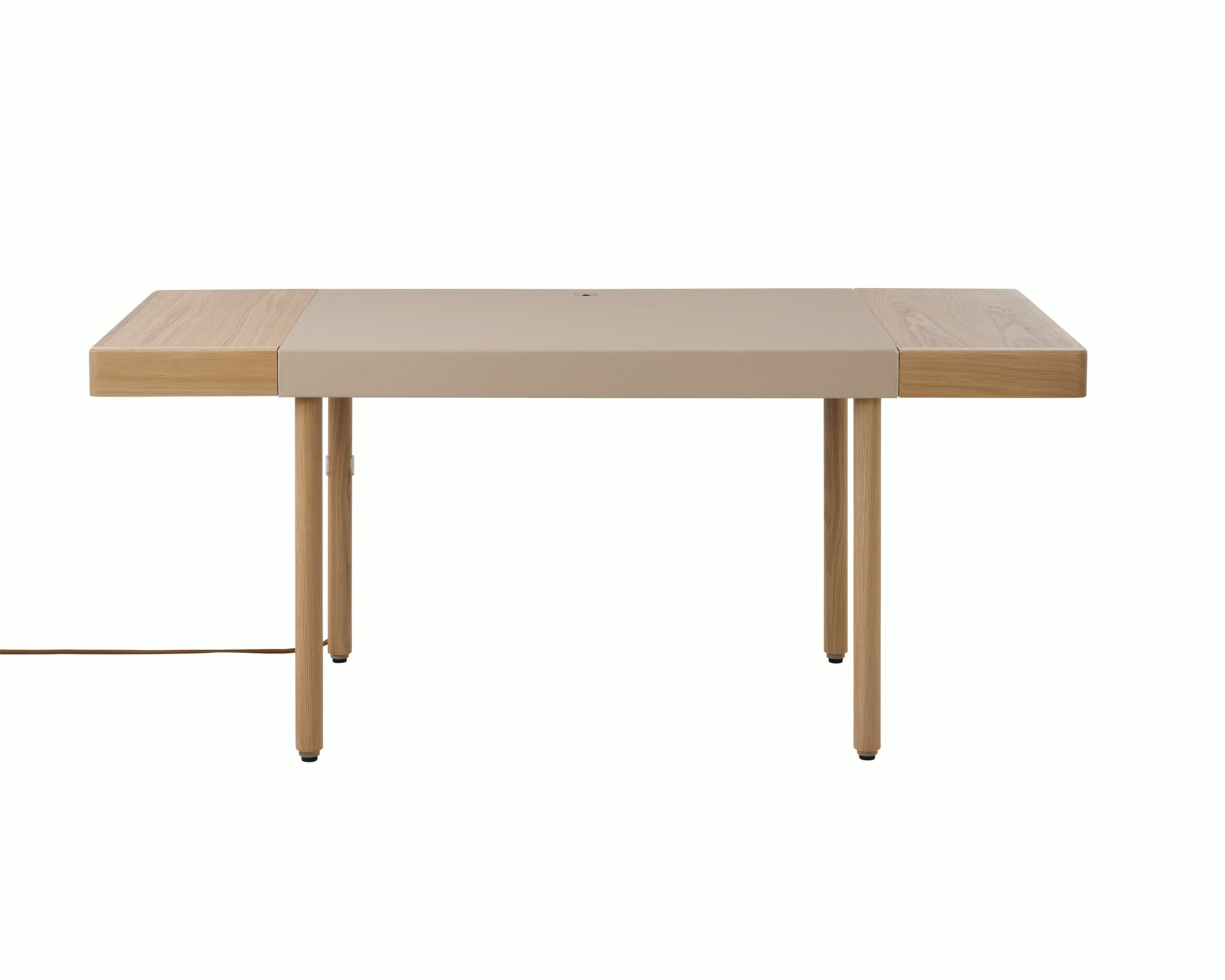 New Canaan Leatherwrap Sit-to-Stand Desk in Oak and Champagne Leather, two drawers, with cord, front view.