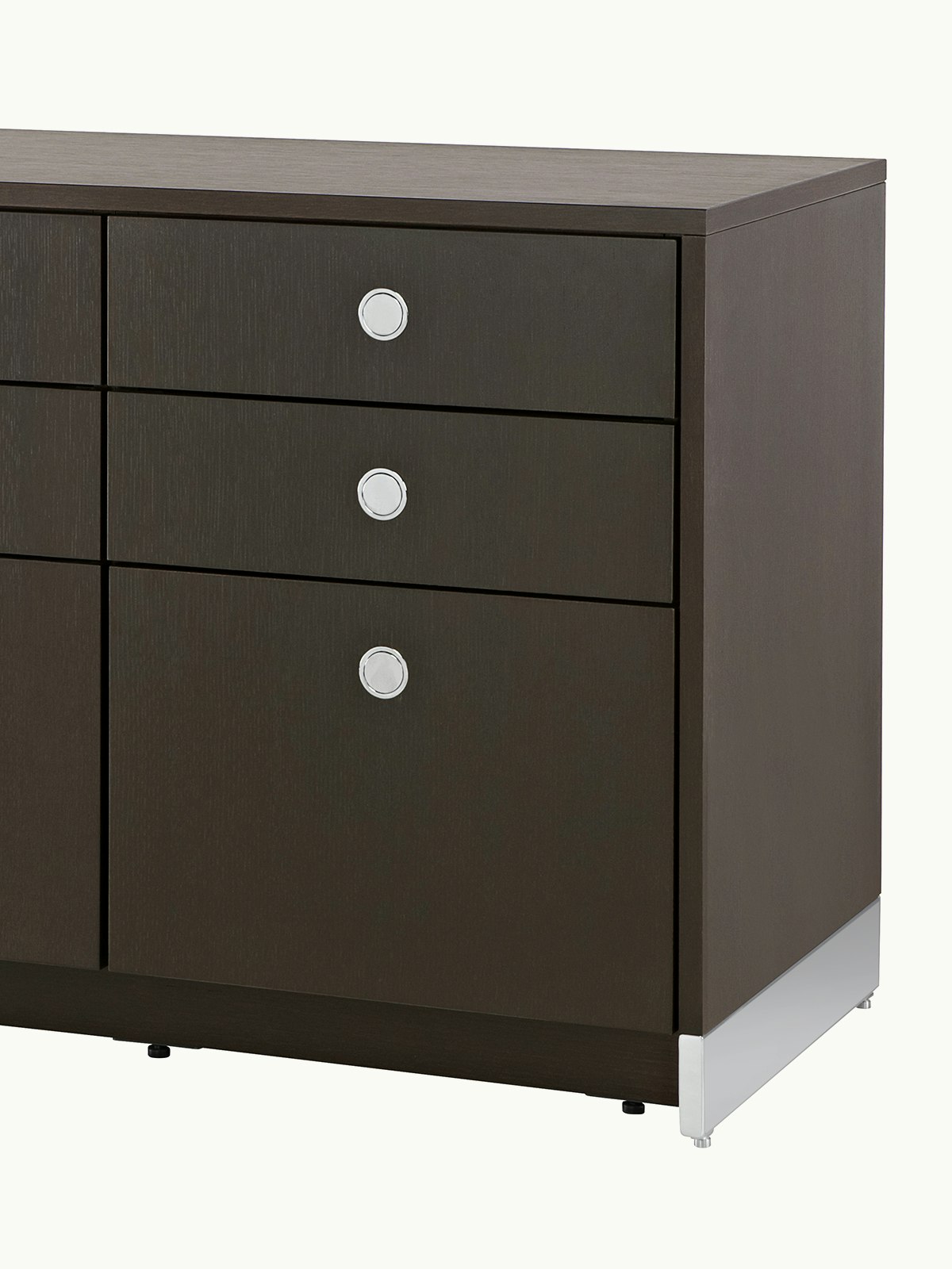 Angled view of a Sled Base Storage unit with a dark wood finish, showing the chrome base.