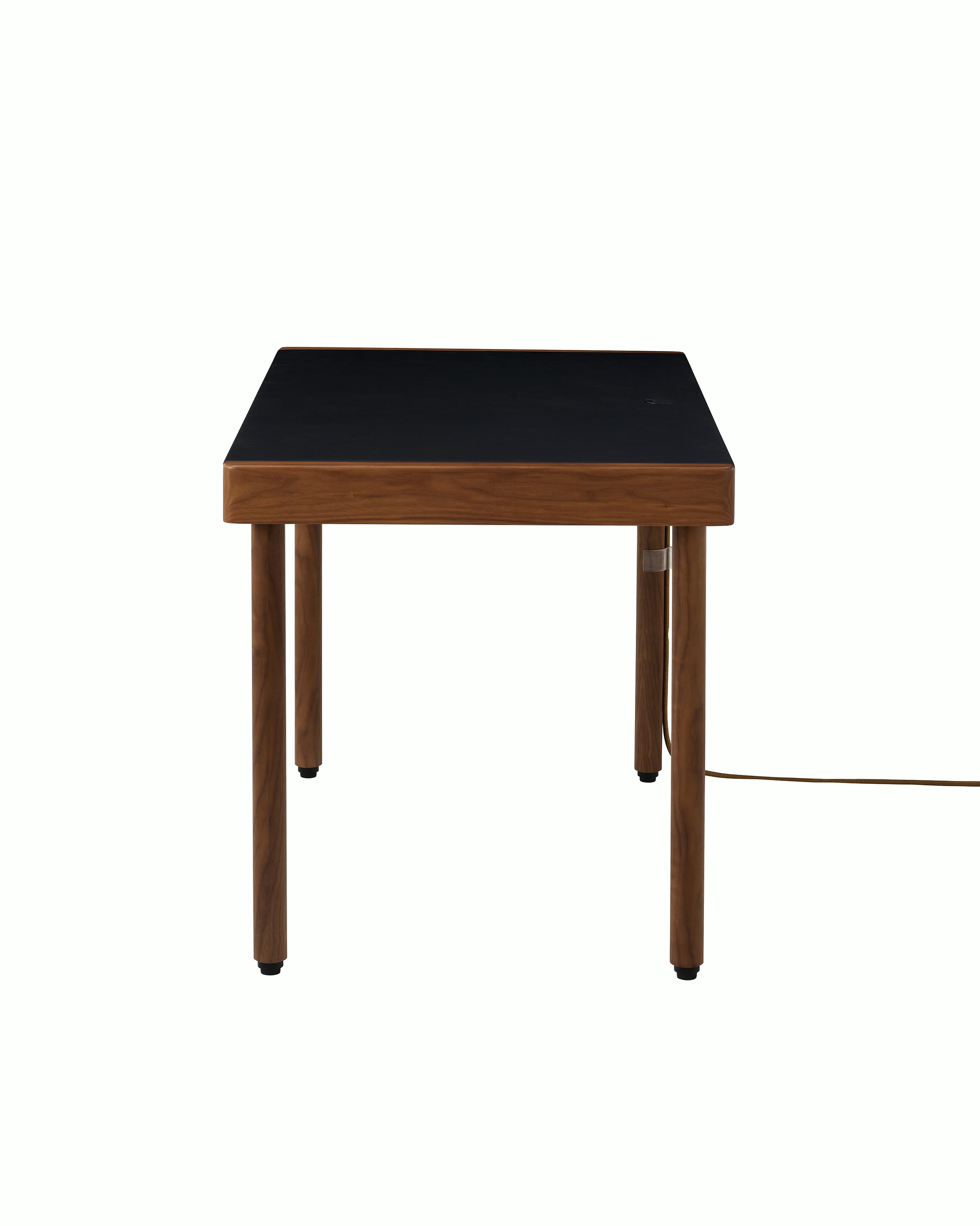 New Canaan Leatherwrap Sit-to-Stand Desk in Walnut and Black Leather, no drawers with cord, side view.