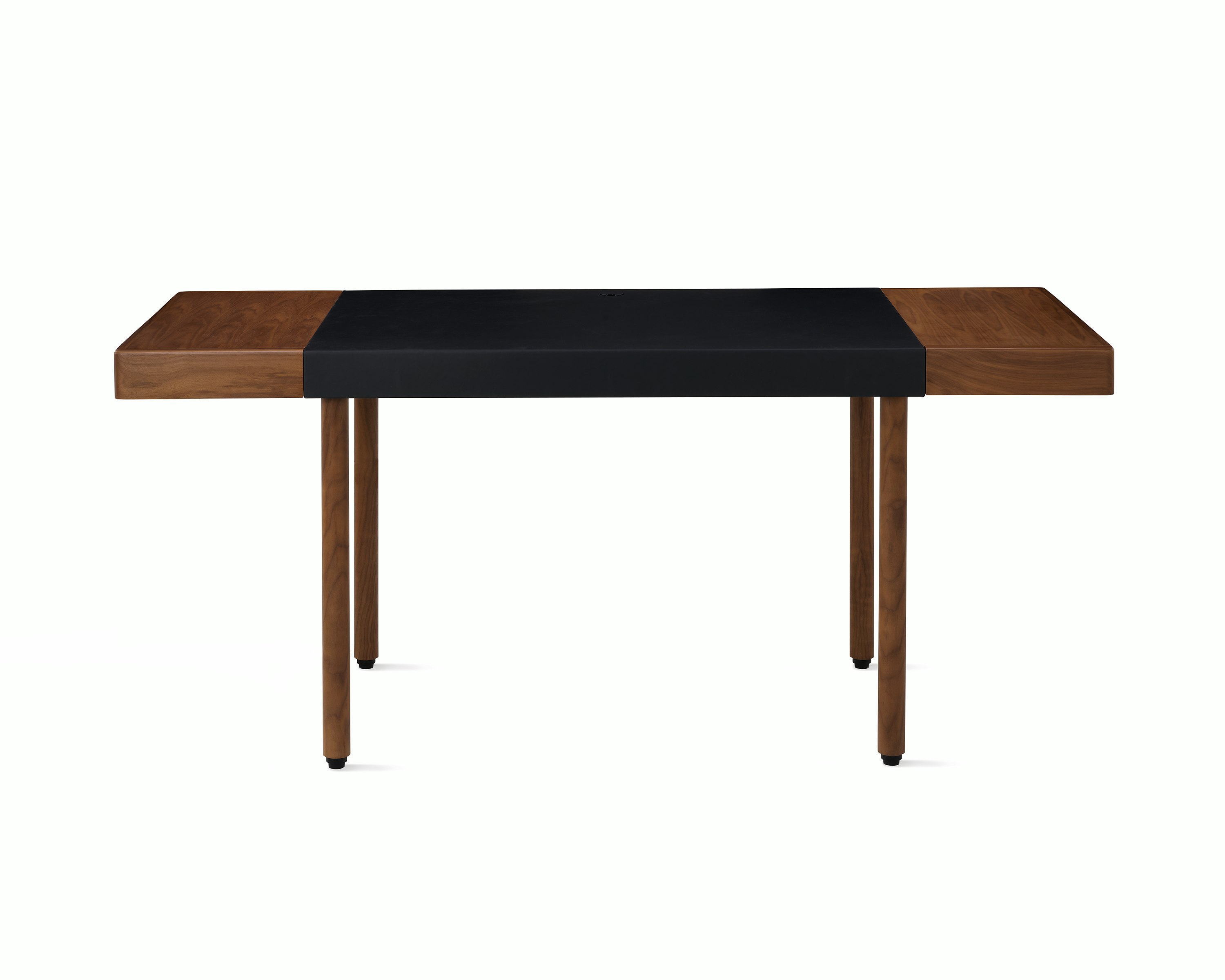 New Canaan Leatherwrap Sit-to-Stand Desk in Walnut and Black Leather, front view.