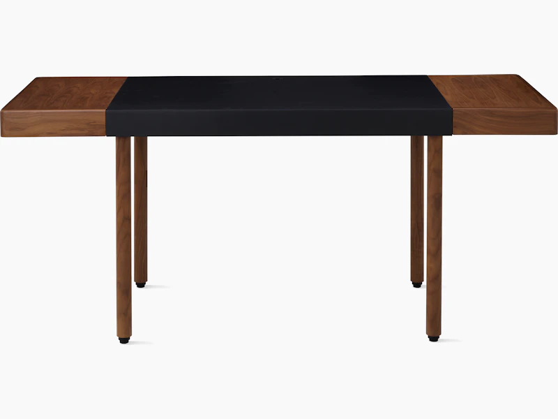 New Canaan Leatherwrap Sit-to-Stand Desk in Walnut and Black Leather, front view.