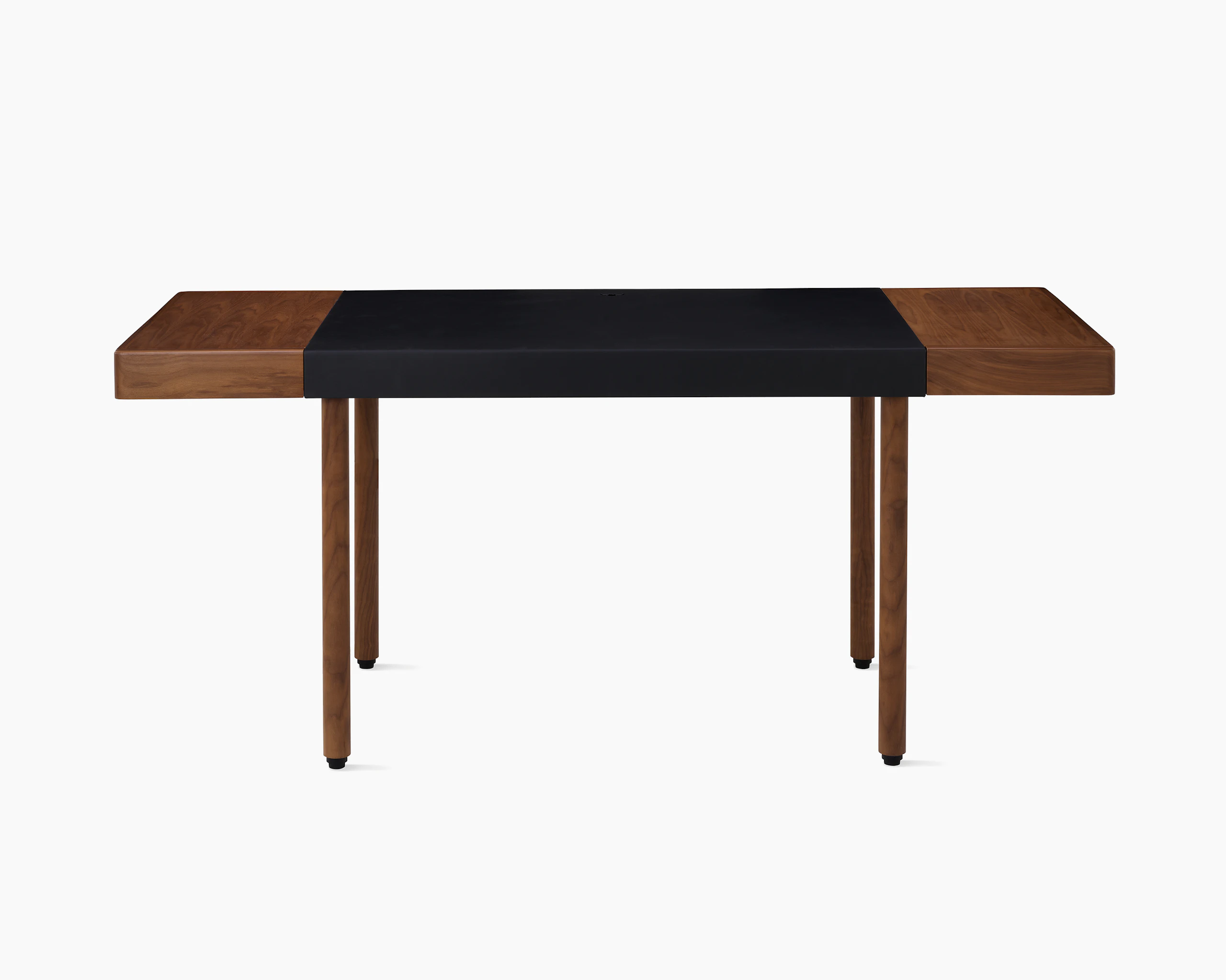 New Canaan Leatherwrap Sit-to-Stand Desk in Walnut and Black Leather, front view.